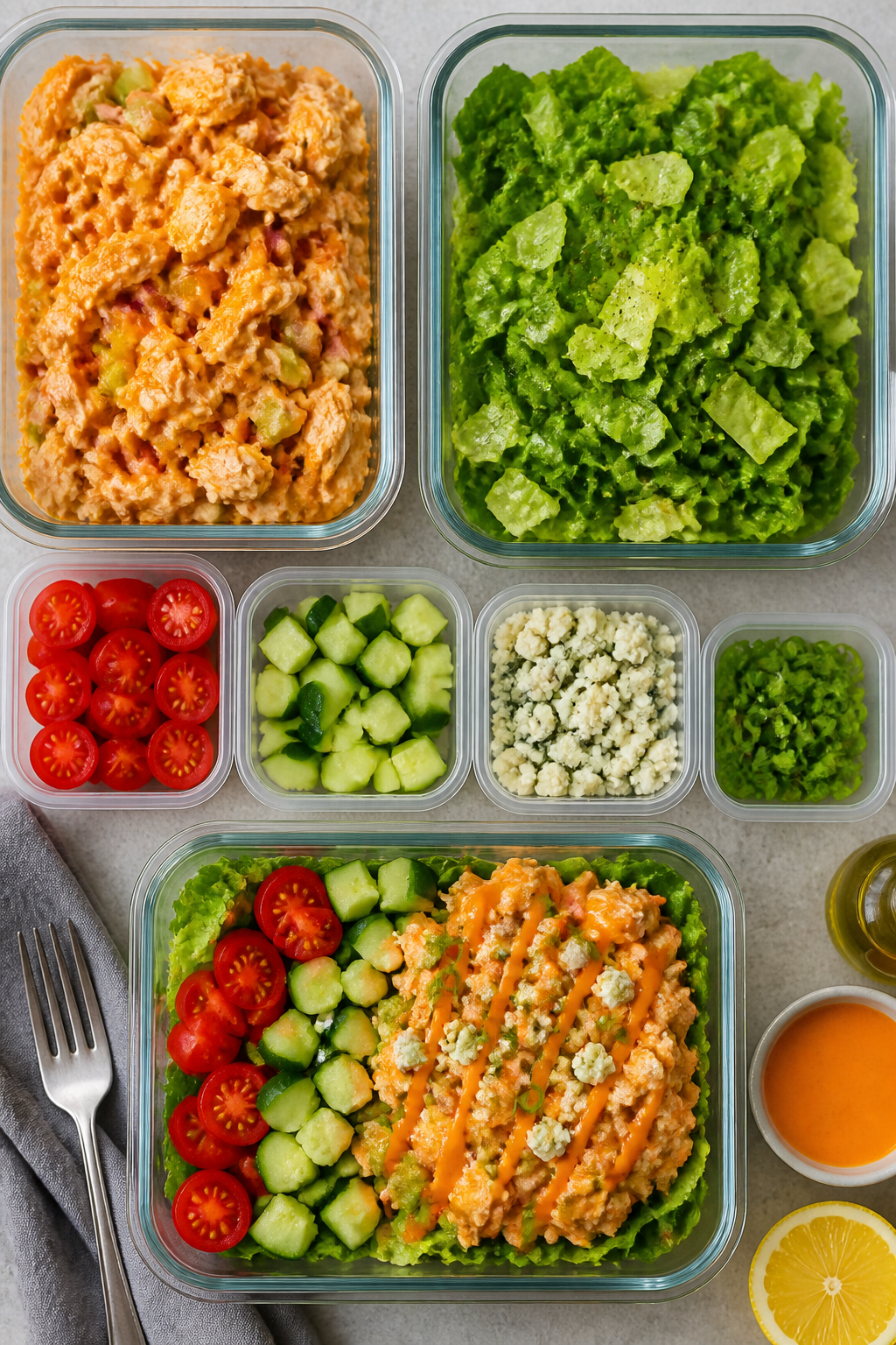 Tasty overhead meal-prep view: Top-down shot of a weekly setup—separate containers with glossy Buf