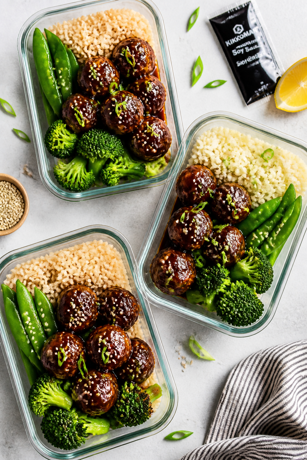 Tasty overhead meal-prep view: Top-down shot of three glass meal-prep containers filled with teriyak