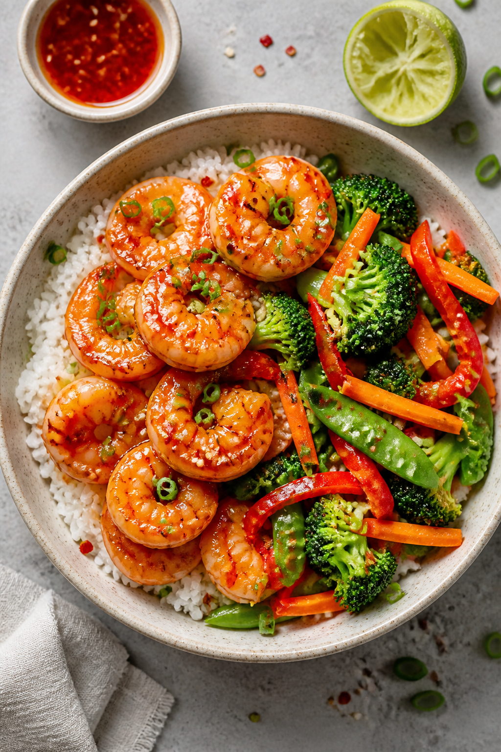 Tasty overhead: Overhead shot of assembled Sweet Chili Shrimp & Veggie Bowls—sauce-soaked shrimp a