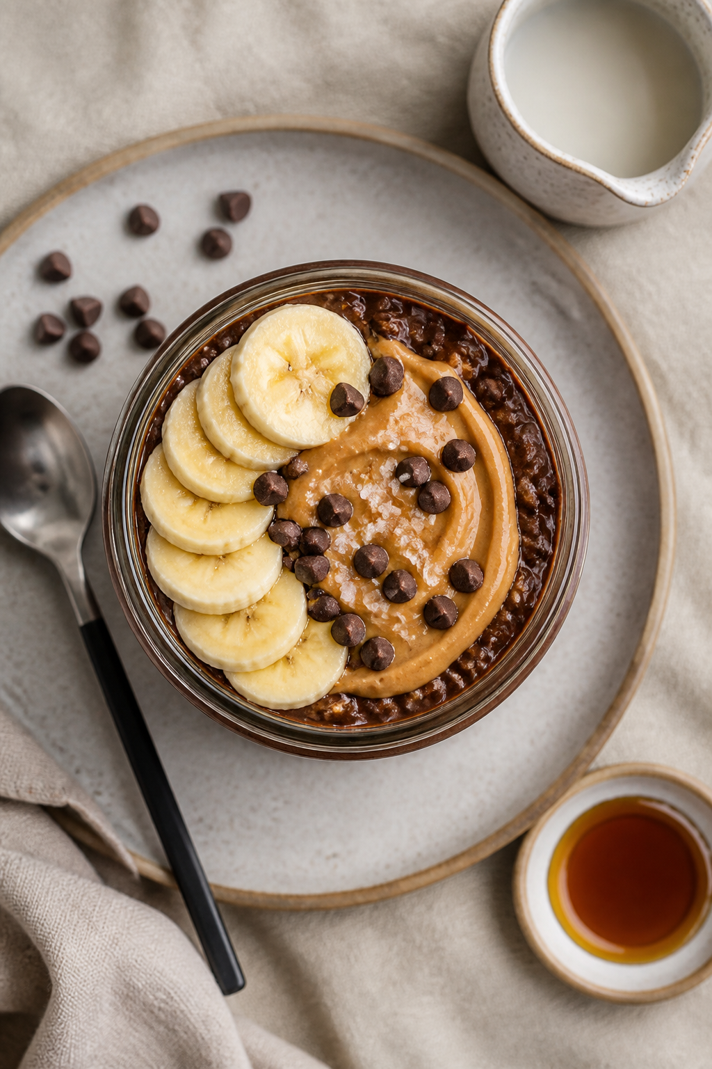 Tasty : overhead shot of finished Double Chocolate High Protein Overnight Oats in a 12–16 oz jar,