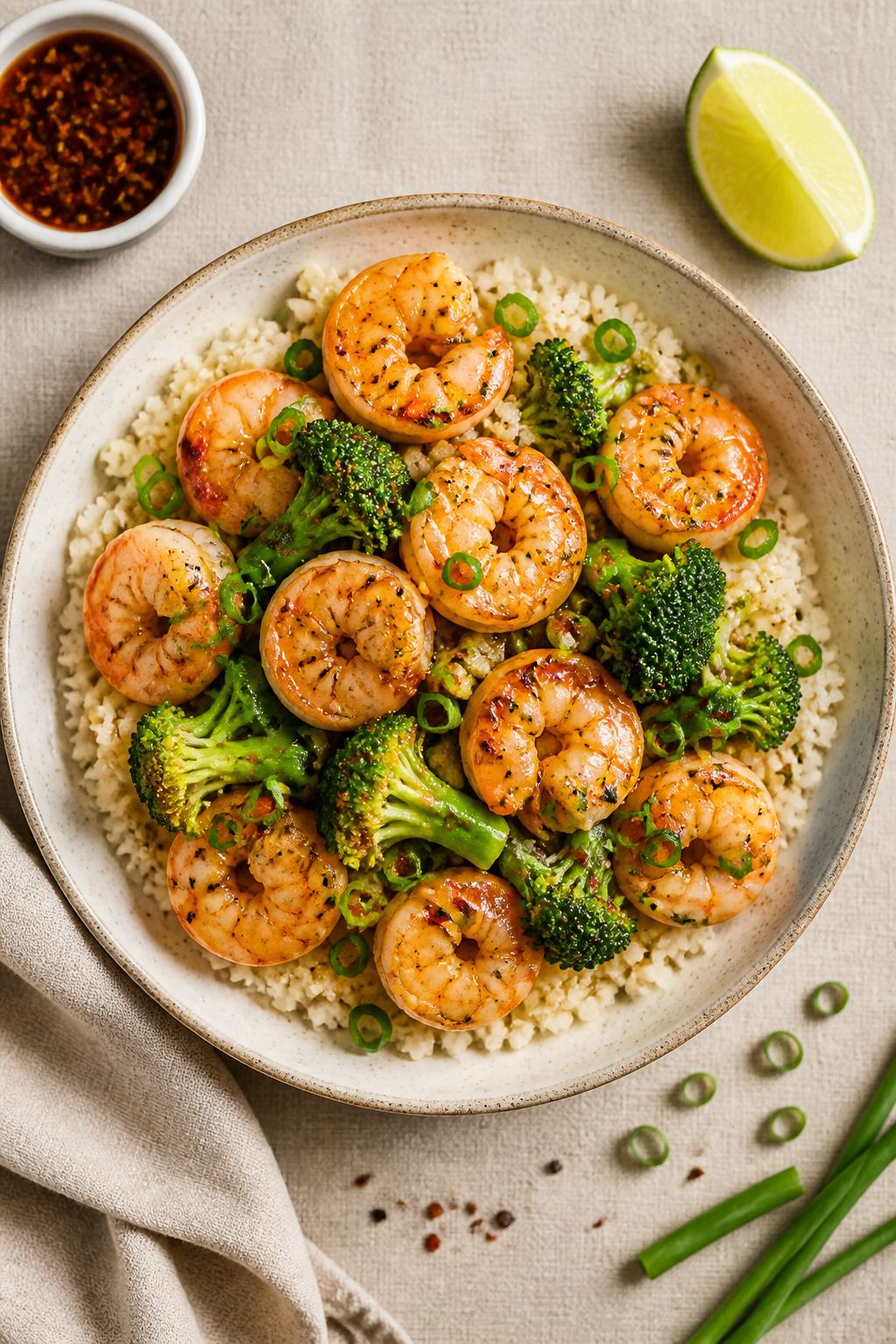 Tasty top-down bowl shot: Overhead shot of the finished shrimp and broccoli served as a low-carb bow