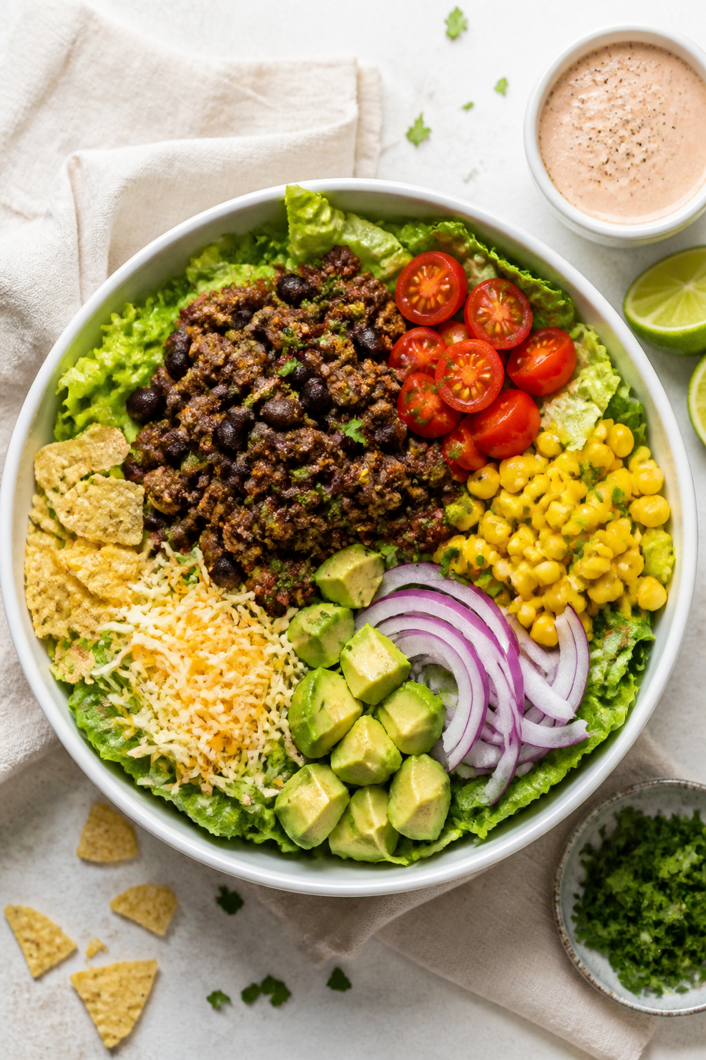 Tasty top-down build shot: Overhead view of assembled high-protein taco salad bowl just before toppi