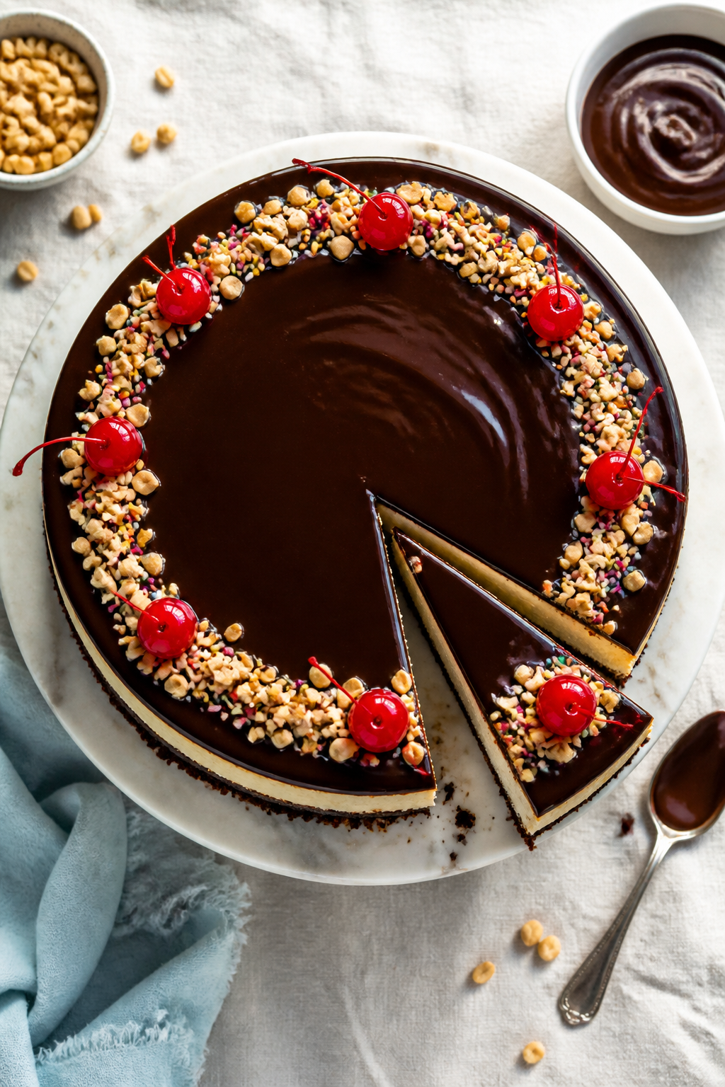 Tasty top-down final presentation: Overhead shot of the fully finished cheesecake on a cake stand—