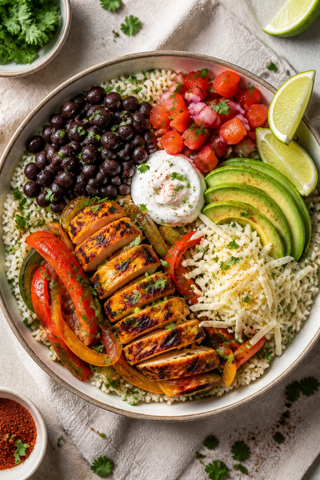 Tasty top view — assembled high-protein chicken fajita bowl: Overhead shot of a vibrant bowl with 