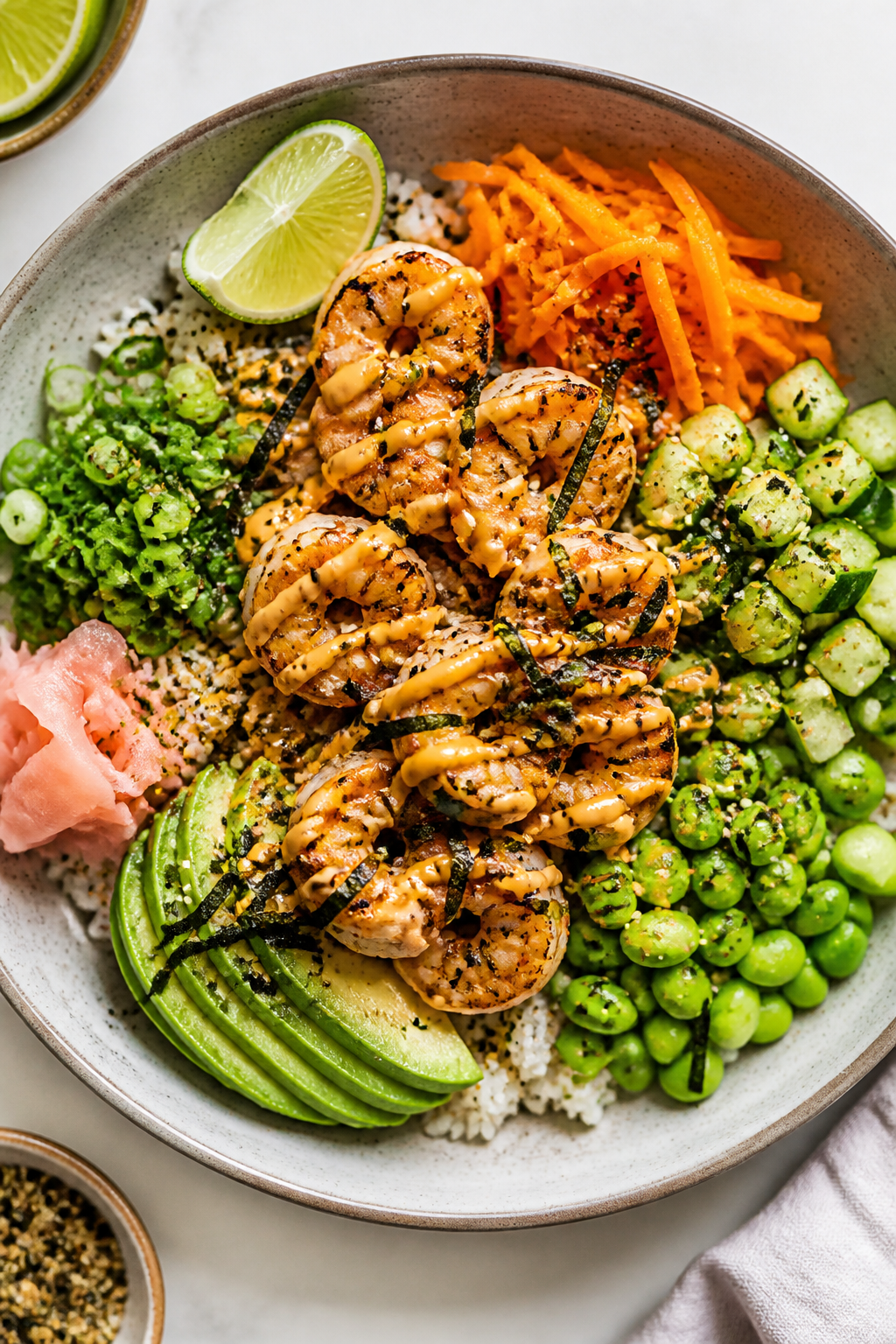 Tasty top view – Assembled High Protein Shrimp Sushi Bowl: Overhead shot of a wide, shallow cerami
