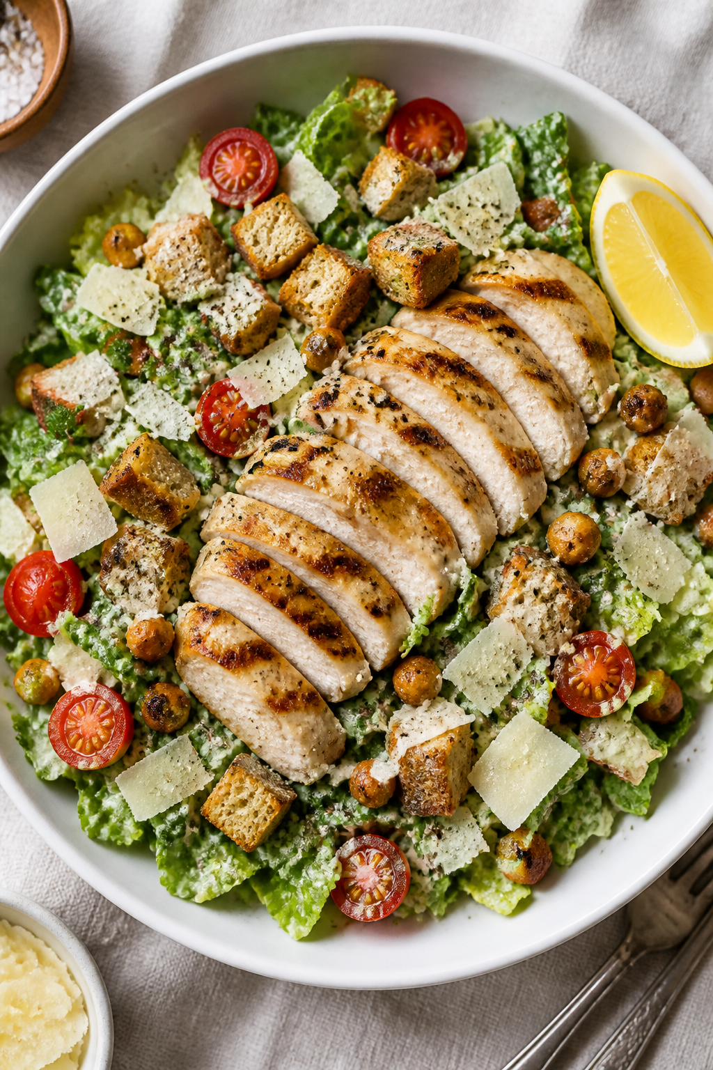 Tasty top view, assembled salad: Overhead shot of Chicken Caesar Protein Salad in a wide, shallow wh