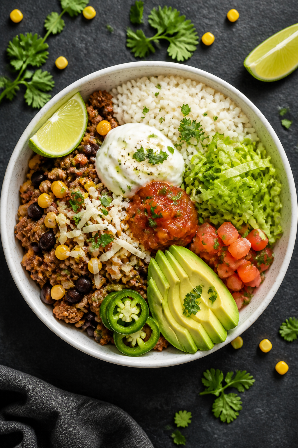 Tasty top view — Assembly moment: Overhead shot of a warm bowl with fluffy jasmine rice on one sid