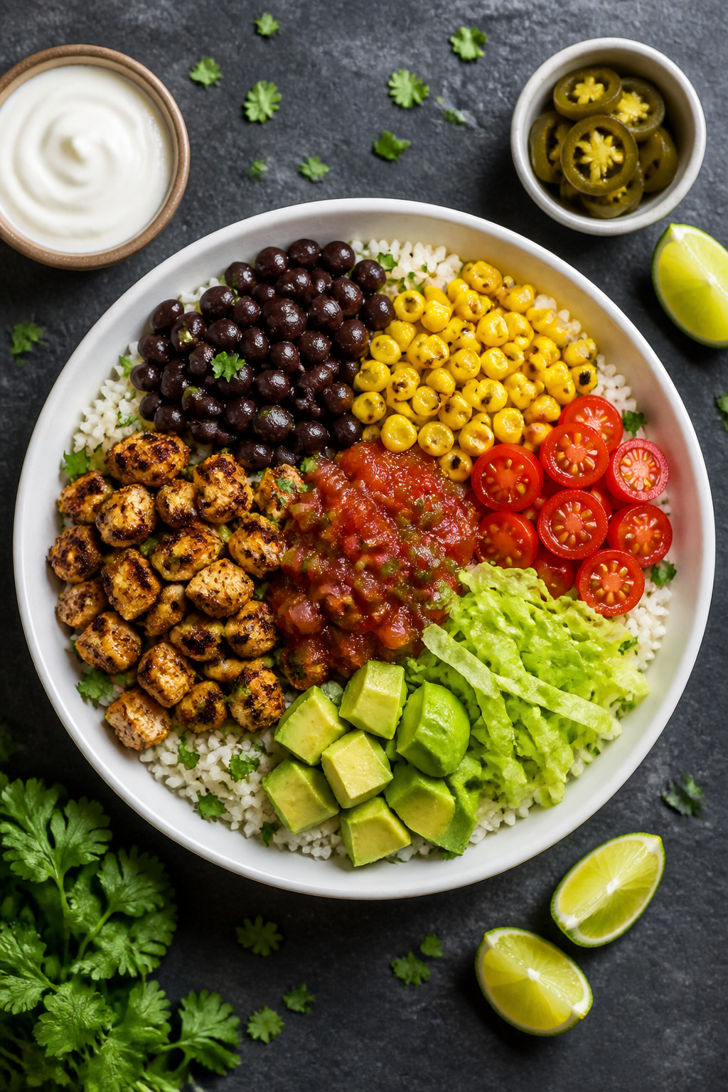Tasty top view, assembly moment: Overhead shot of a loaded chicken burrito bowl just before the fina