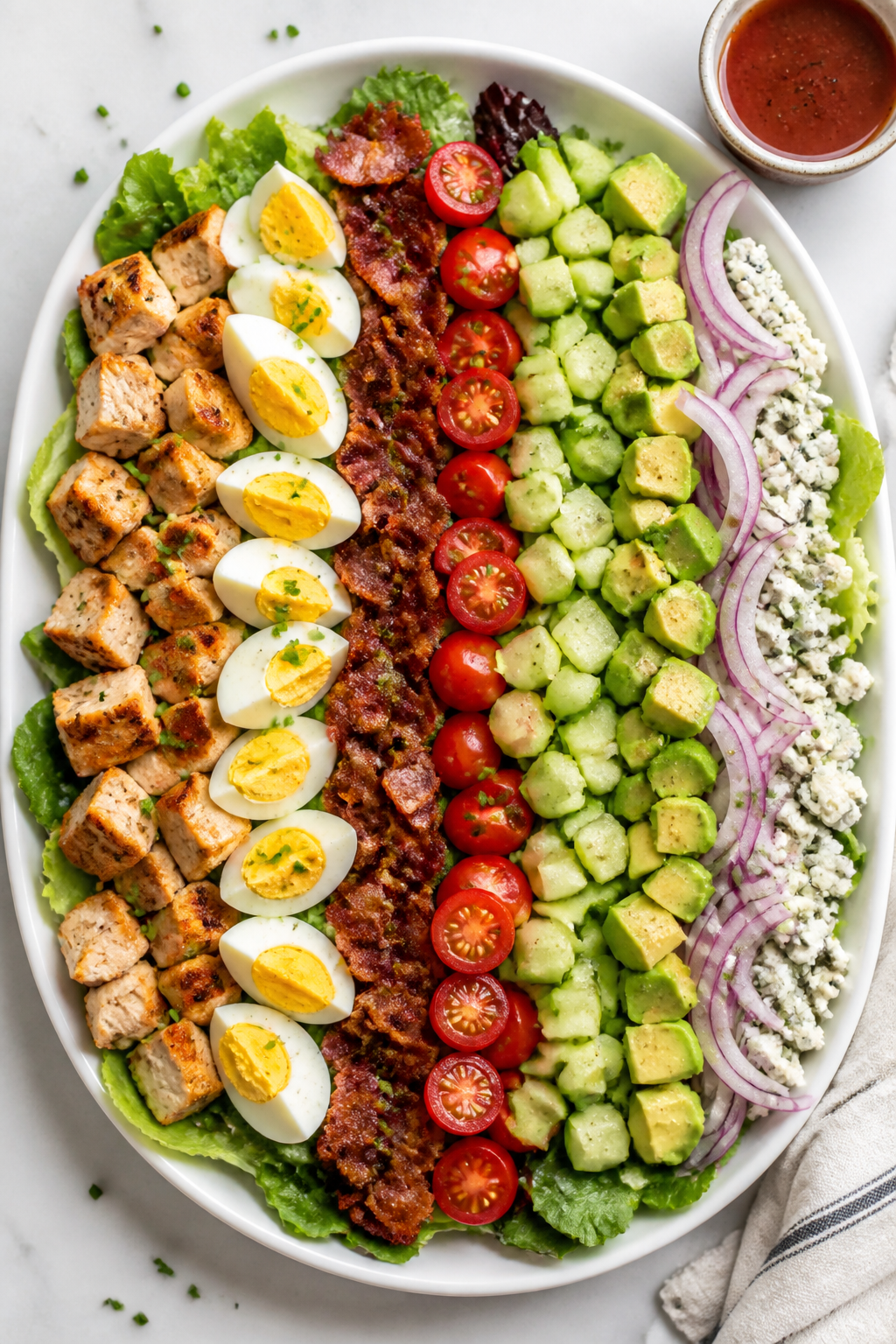Tasty top-view assembly: Overhead shot of a classic Cobb salad arranged in neat rows over a wide whi