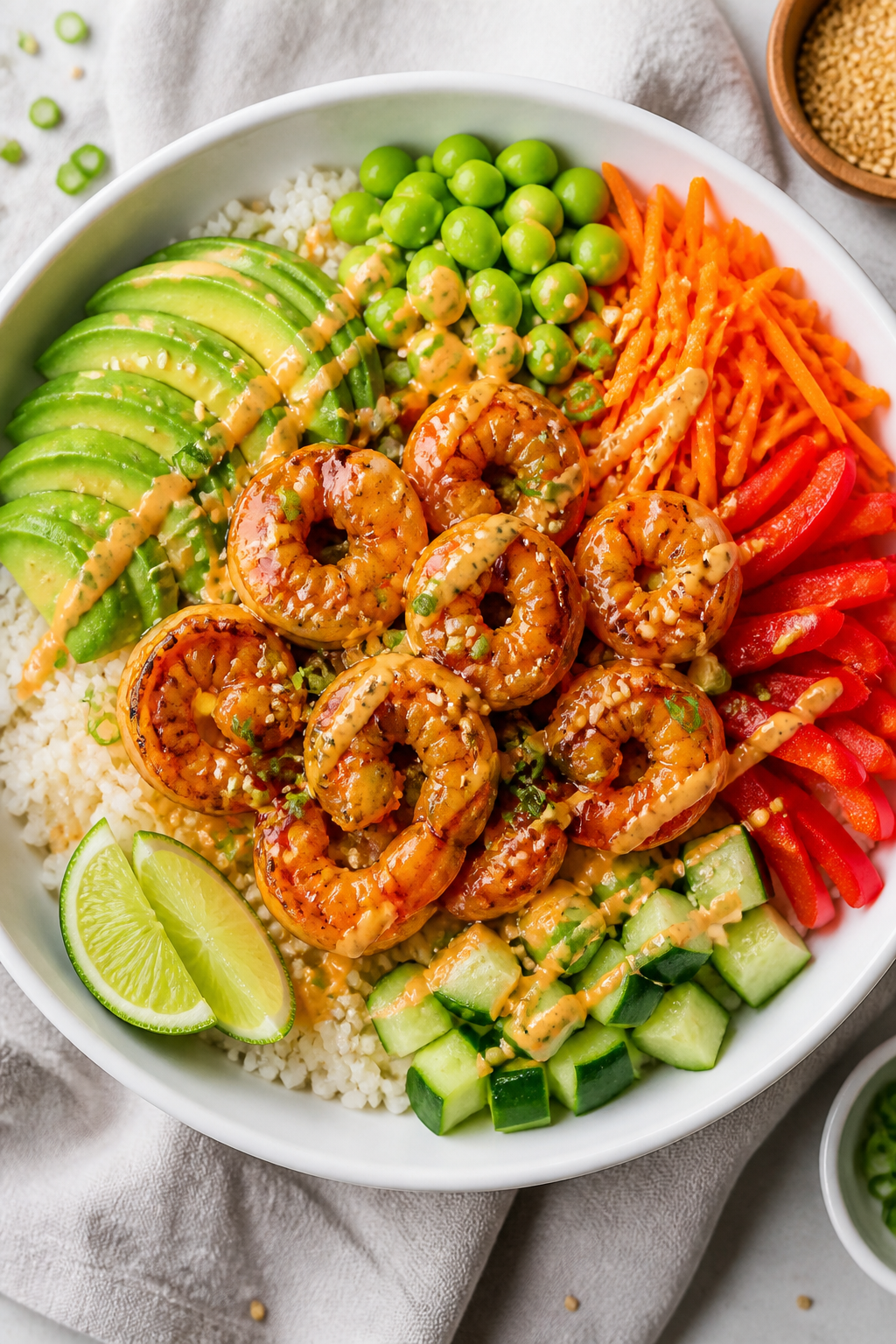 Tasty top-view assembly: Overhead shot of Firecracker Shrimp Protein Rice Bowls mid-assembly—fluff