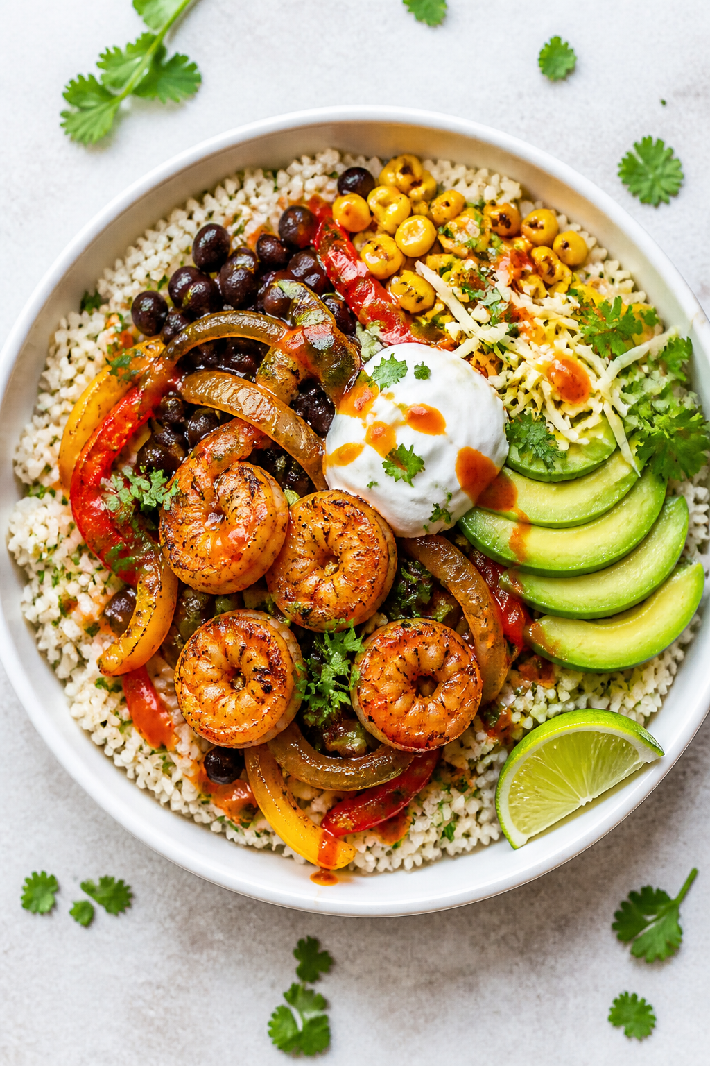 Tasty top view, bowl assembly: Overhead shot of a vibrant shrimp fajita rice bowl—fluffy cilantro-