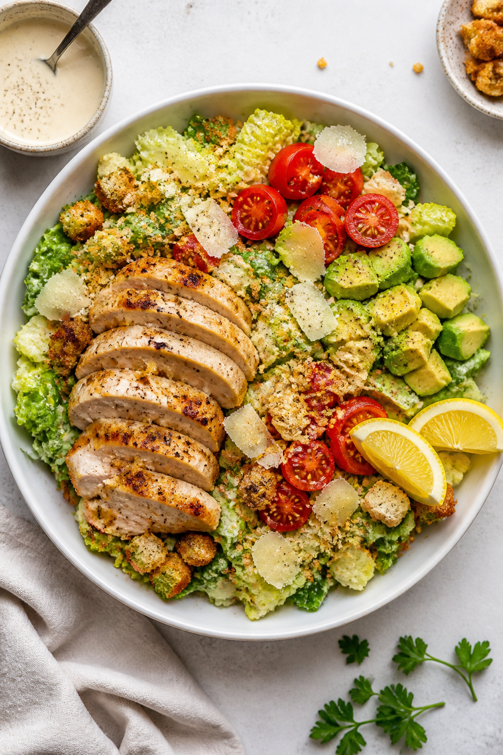 Tasty top view — Caesar “wrap bowl” assembly: Overhead shot of a large shallow bowl filled wit