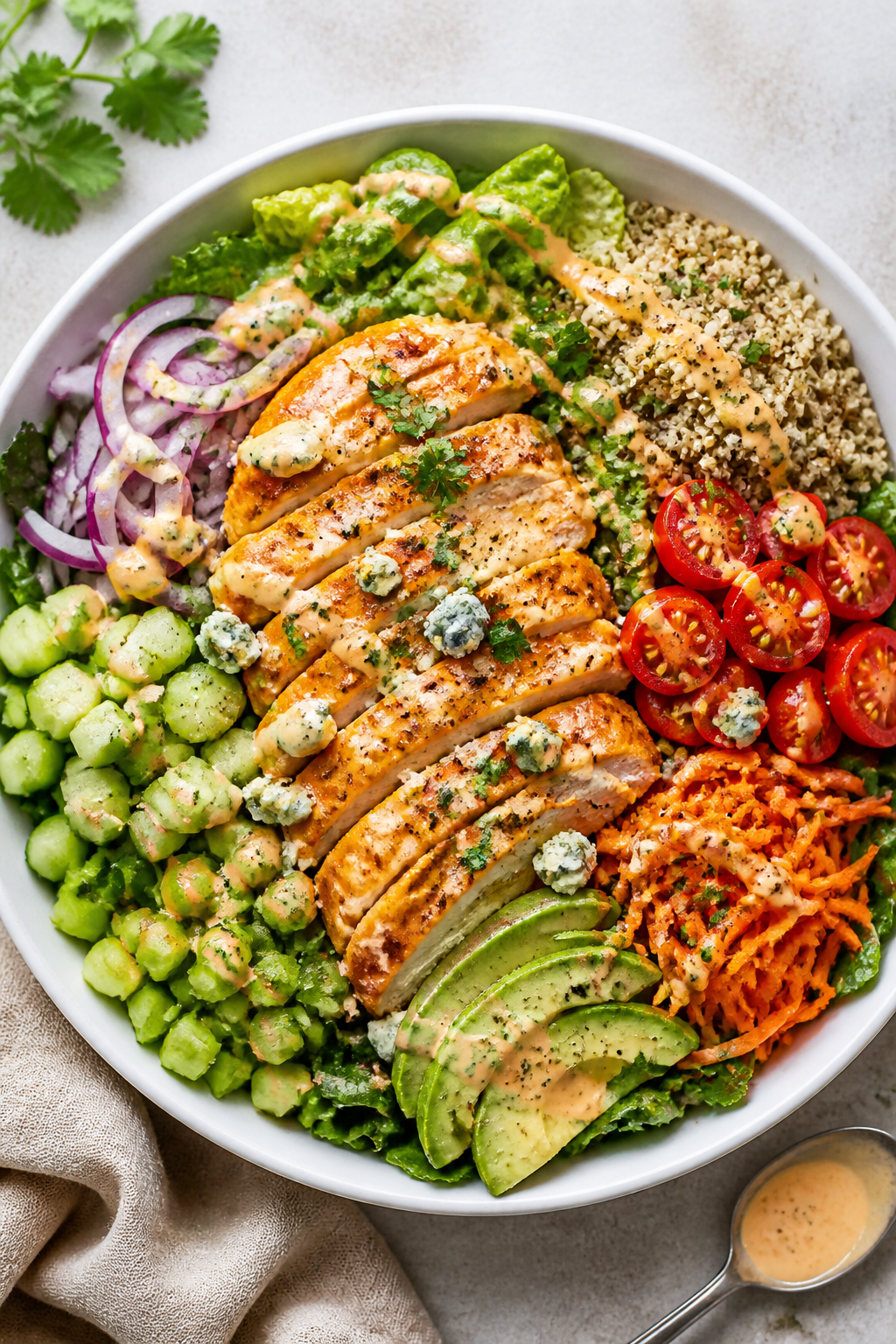 Tasty top view, composed bowl: Overhead shot of a Creamy Buffalo Chicken Salad Bowl arranged in a wi