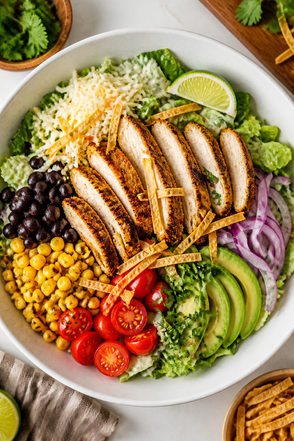 Tasty top view — composed salad before drizzle: Overhead shot of the assembled BBQ Ranch Chicken S