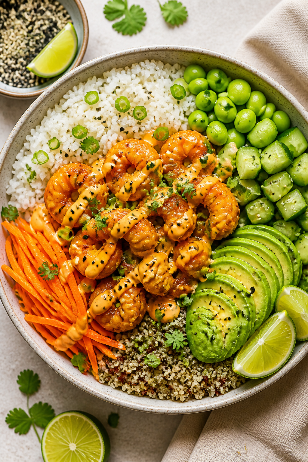 Tasty top view final bowl: Overhead shot of a composed Bang Bang Shrimp Protein Bowl—half jasmine