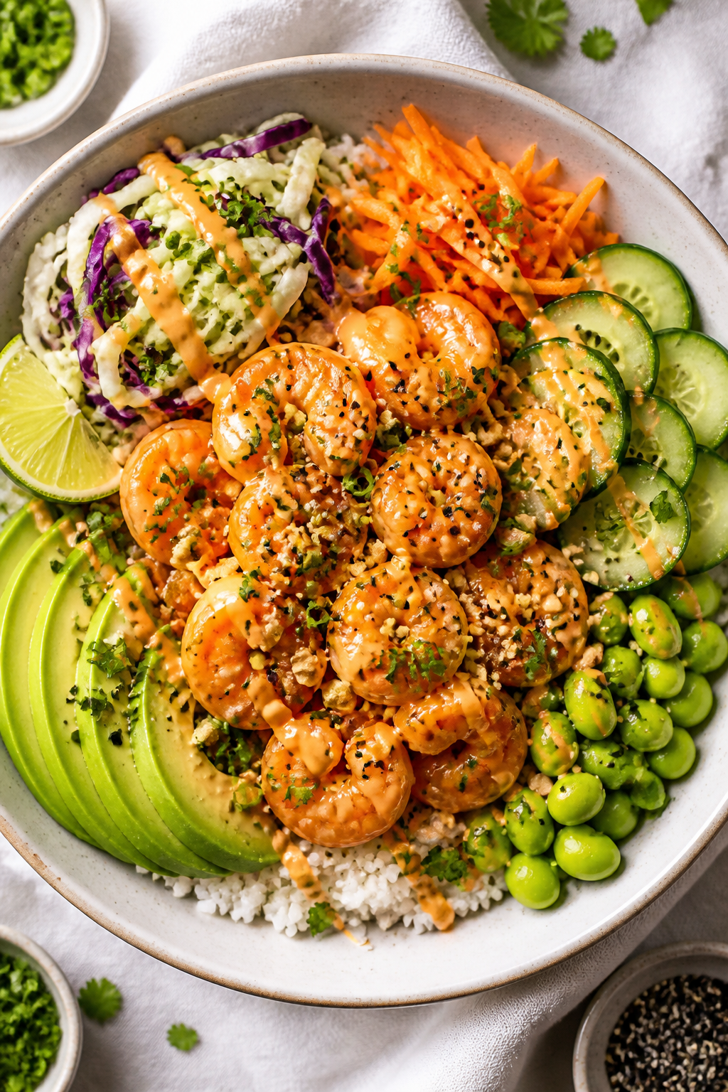 Tasty top view final bowl: Overhead shot of a Spicy Bang Bang Shrimp Protein Bowl—jasmine rice bas