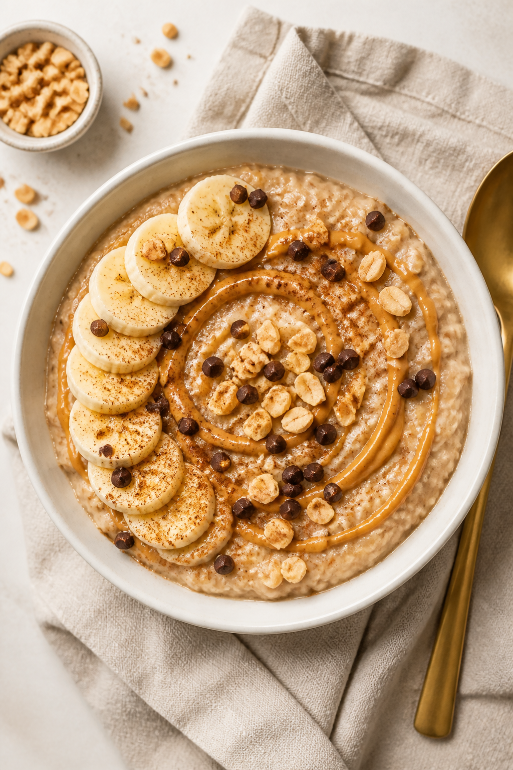 Tasty top view, final bowl: Overhead shot of Peanut Butter Cheesecake Protein Oatmeal served warm in