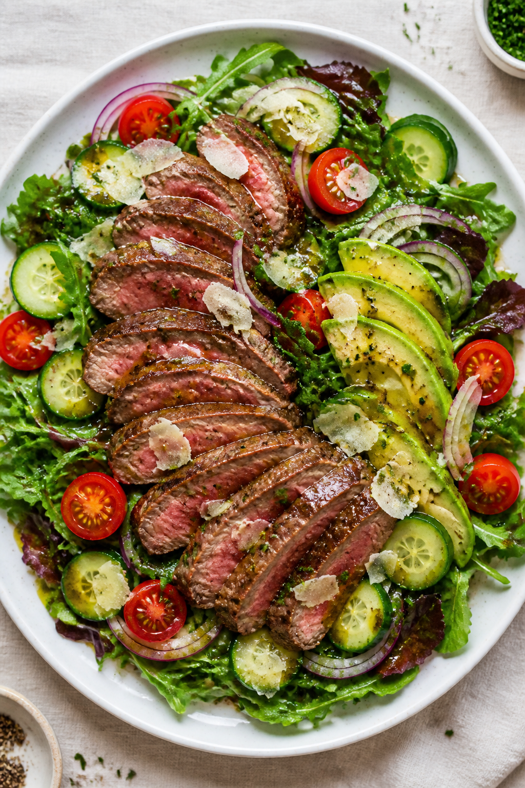 Tasty top view/final dish: Overhead shot of Garlic Butter Steak Salad fully assembled—mixed greens