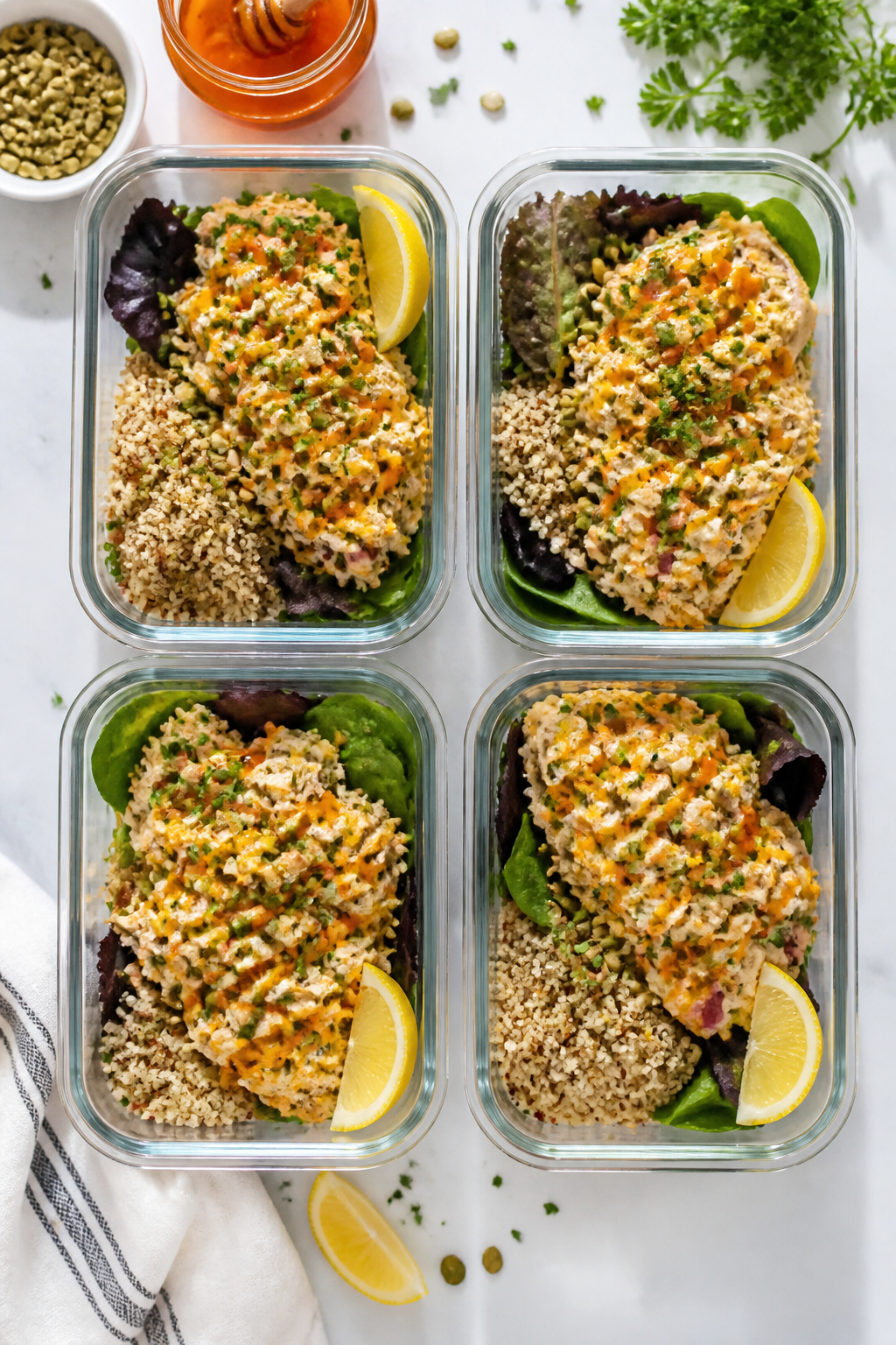 Tasty top view final meal-prep spread: Overhead shot of 4 airtight glass containers, each with a gen