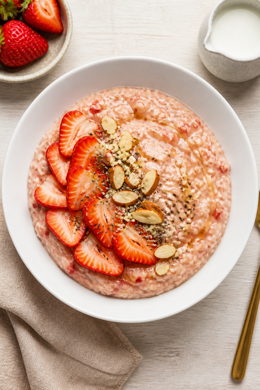 Tasty top view – Final plated bowl: Overhead shot of a beautifully styled bowl of Strawberries & C