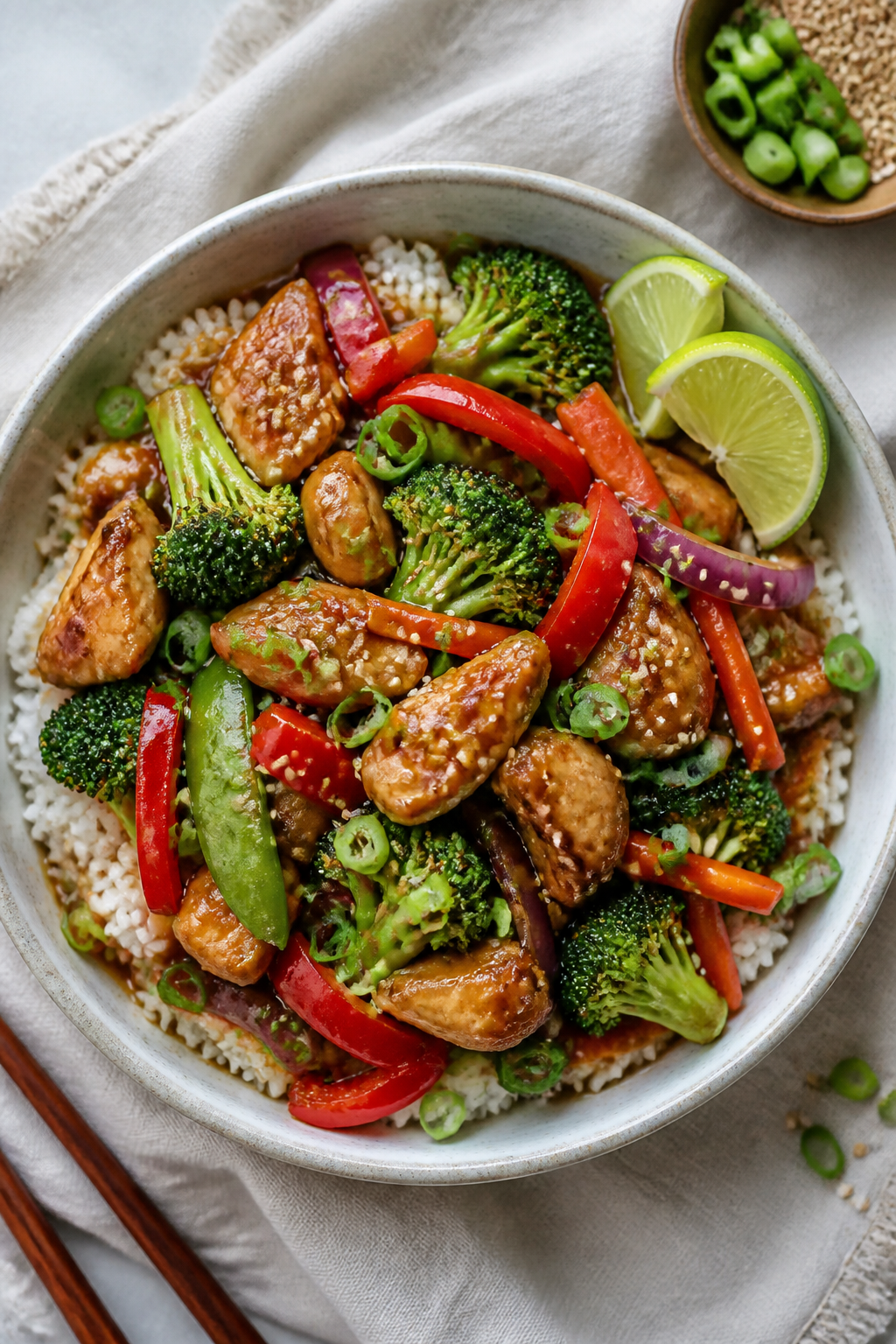 Tasty top view – Final plated bowl: overhead shot of Protein Packed Chicken Stir Fry served over f