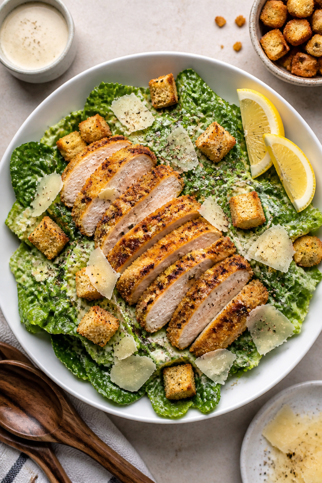 Tasty top view: Final plated Crispy Air Fryer Chicken Caesar Salad—overhead shot of a wide, shallo