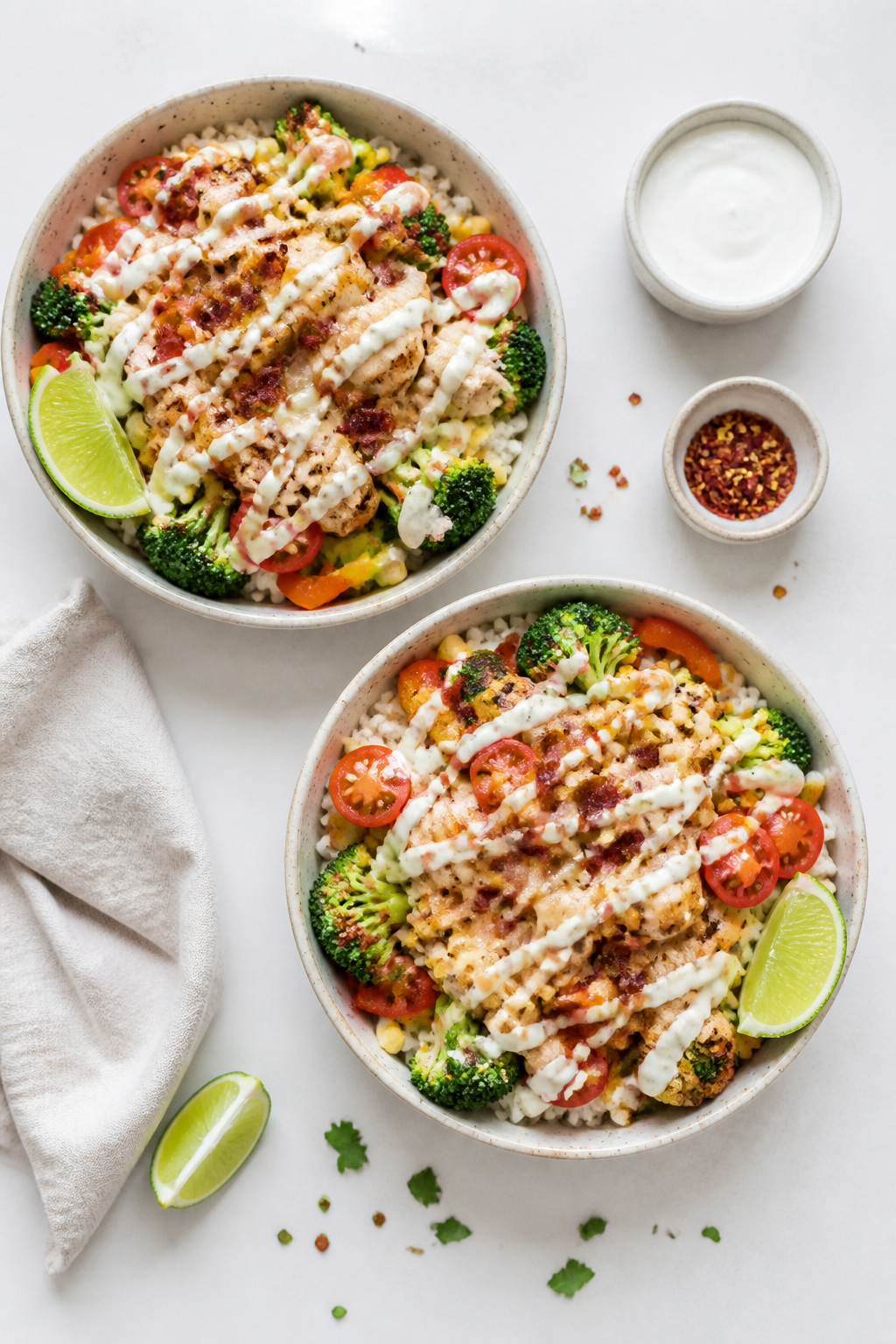 Tasty top view, final presentation: Overhead shot of two Chicken Bacon Ranch Rice Bowls side by side