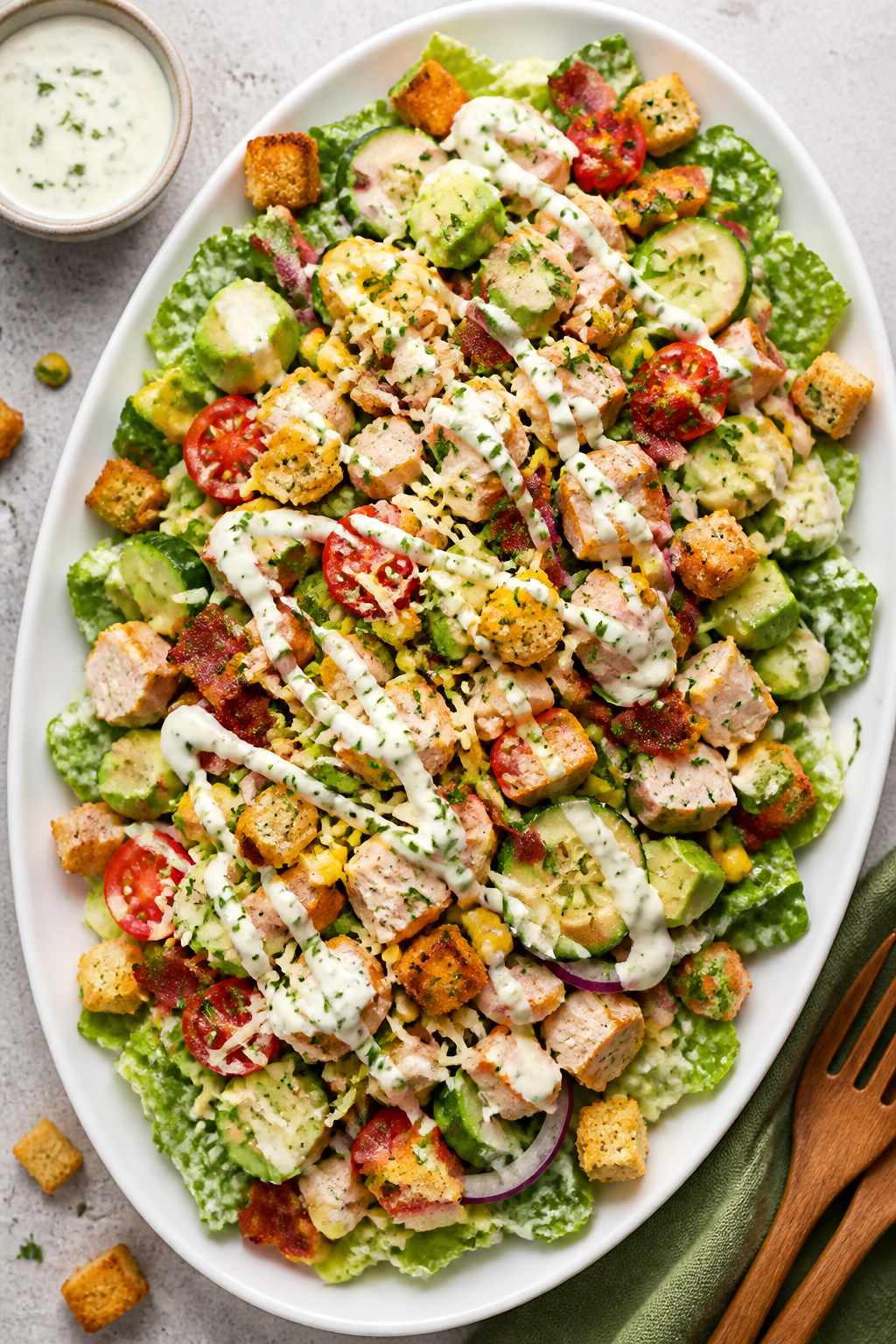 Tasty top view final presentation: Overhead shot of a Loaded Turkey Bacon Ranch Salad on a wide whit