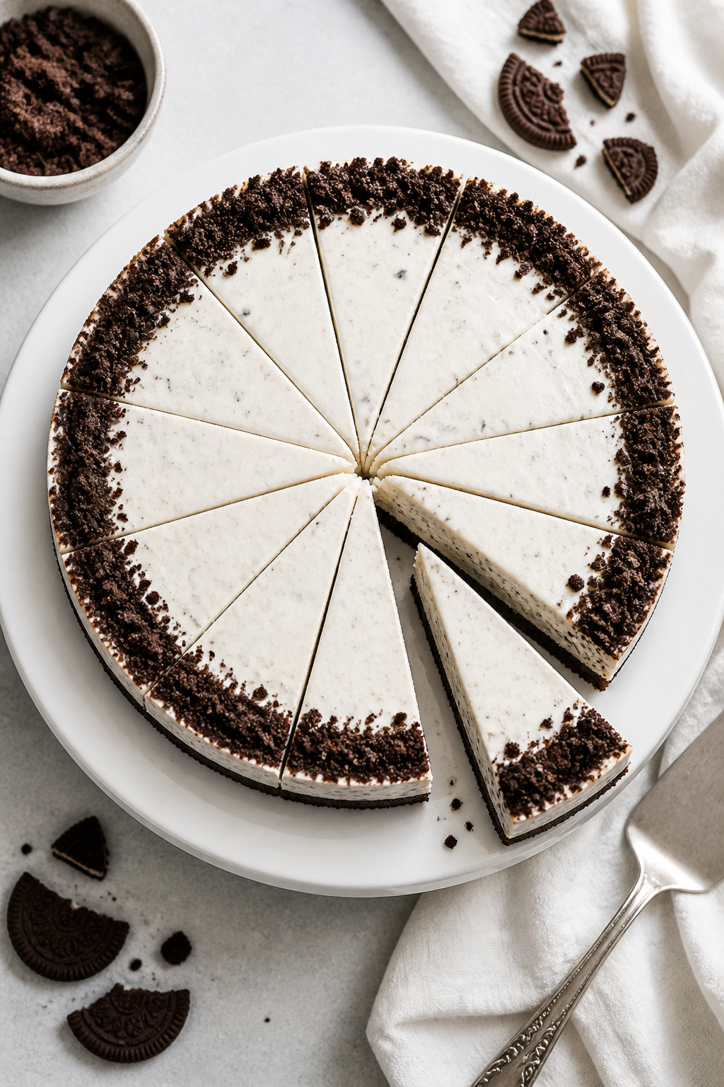 Tasty top-view final presentation: Overhead shot of the fully chilled cookies and cream cheesecake o