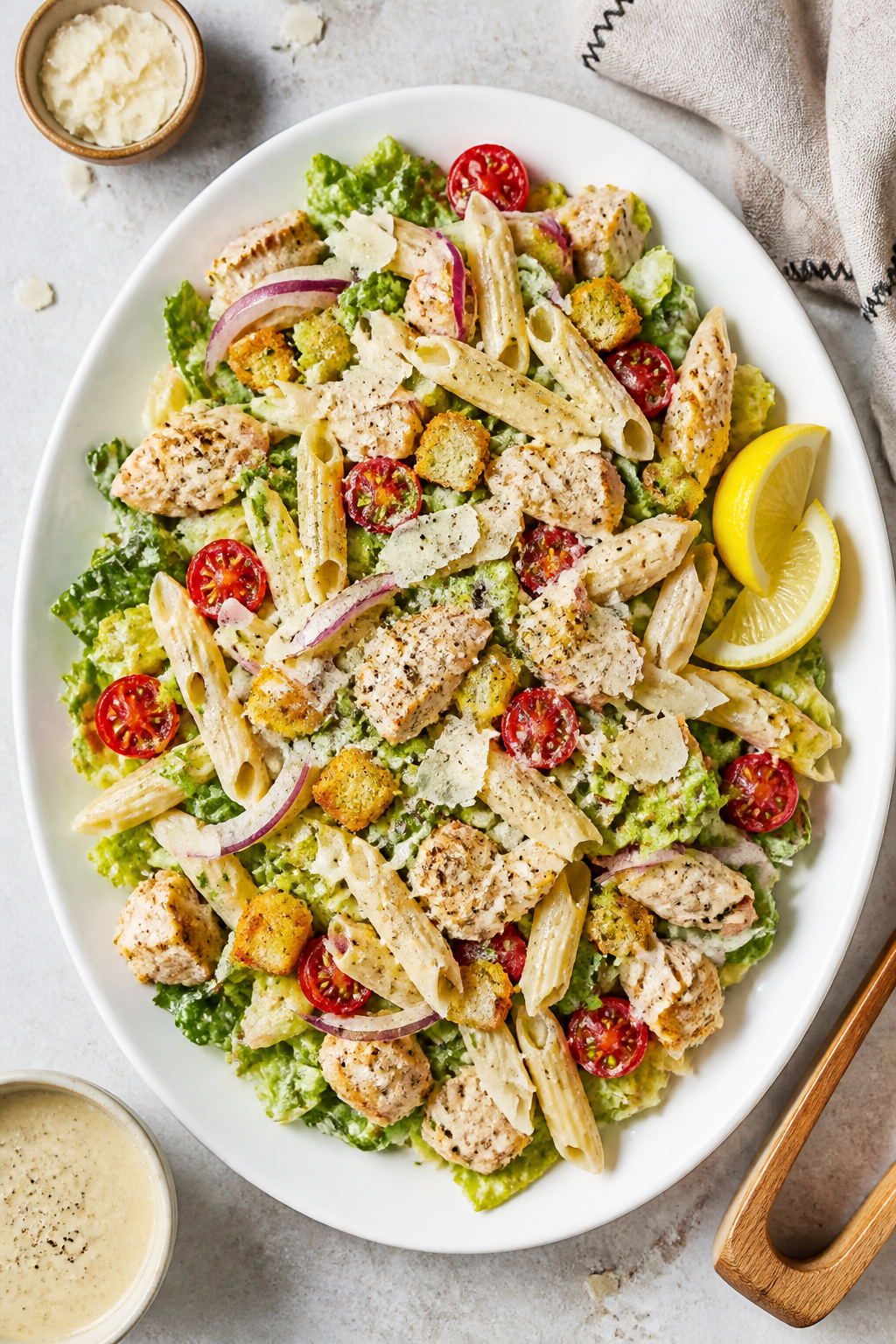 Tasty top view final presentation: Overhead shot of the finished High Protein Caesar Pasta Salad on