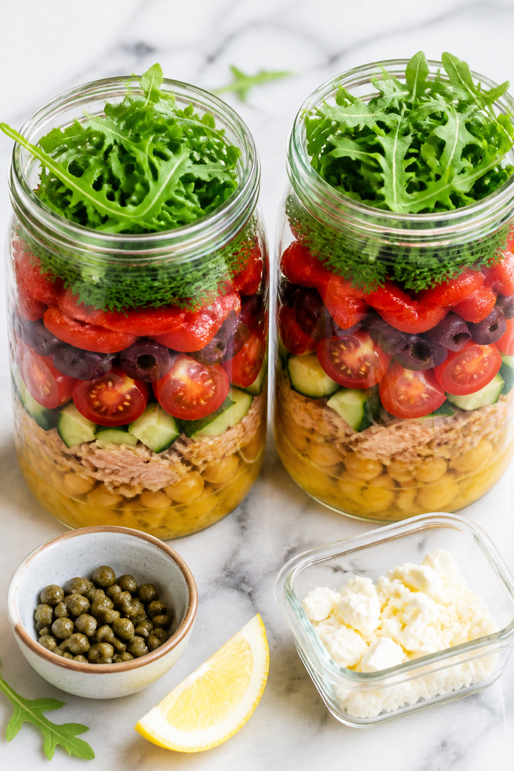 Tasty top view – Meal-prep jar layering: Overhead shot of two clear glass meal-prep jars filled in