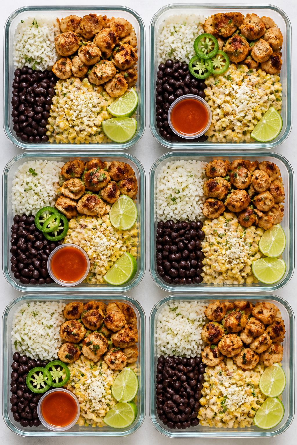 Tasty top view — Meal-prep lineup: Overhead shot of multiple meal-prep containers arranged grid-st