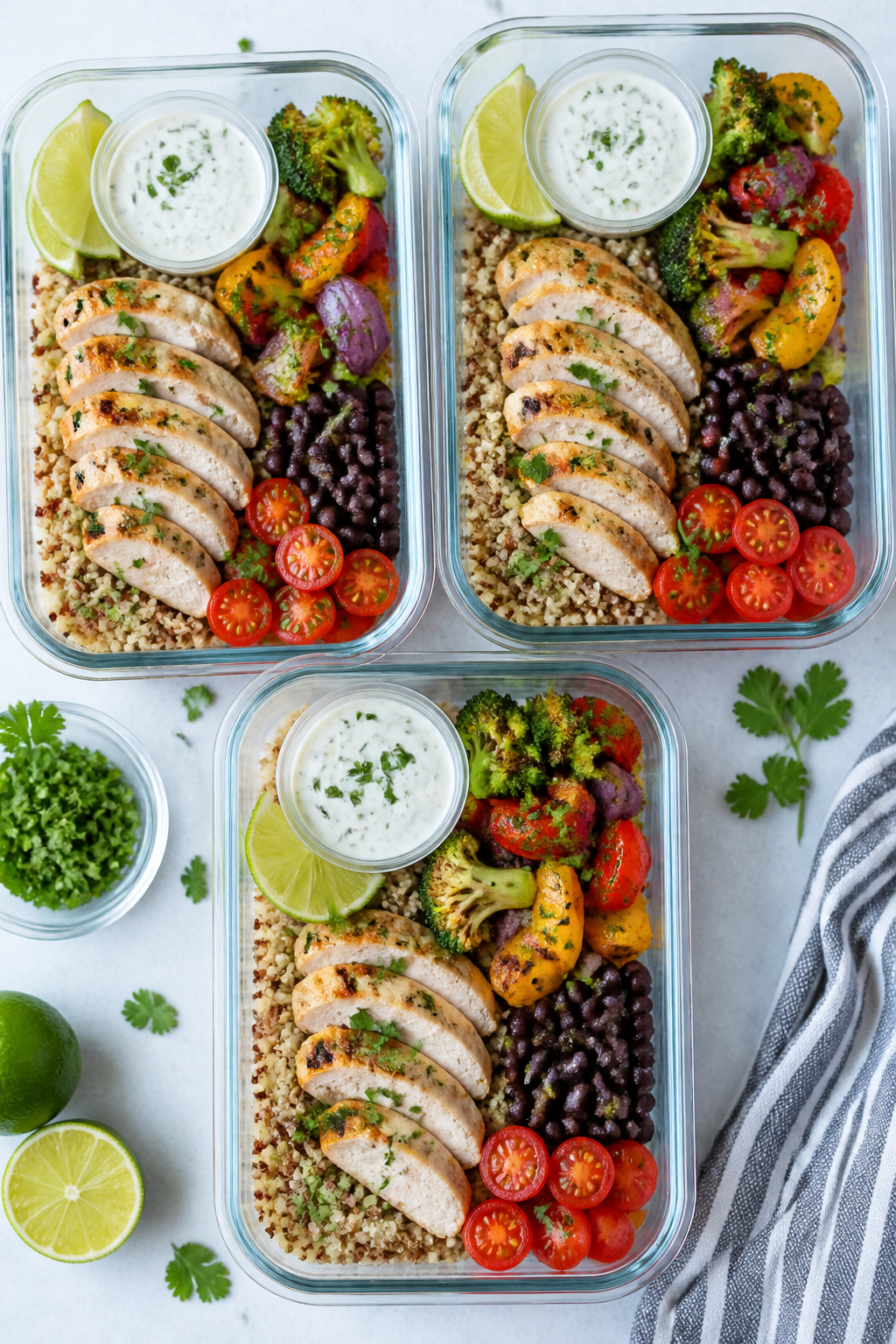 Tasty top view, meal-prep style: Overhead shot of neatly portioned high-protein ranch chicken bowls 