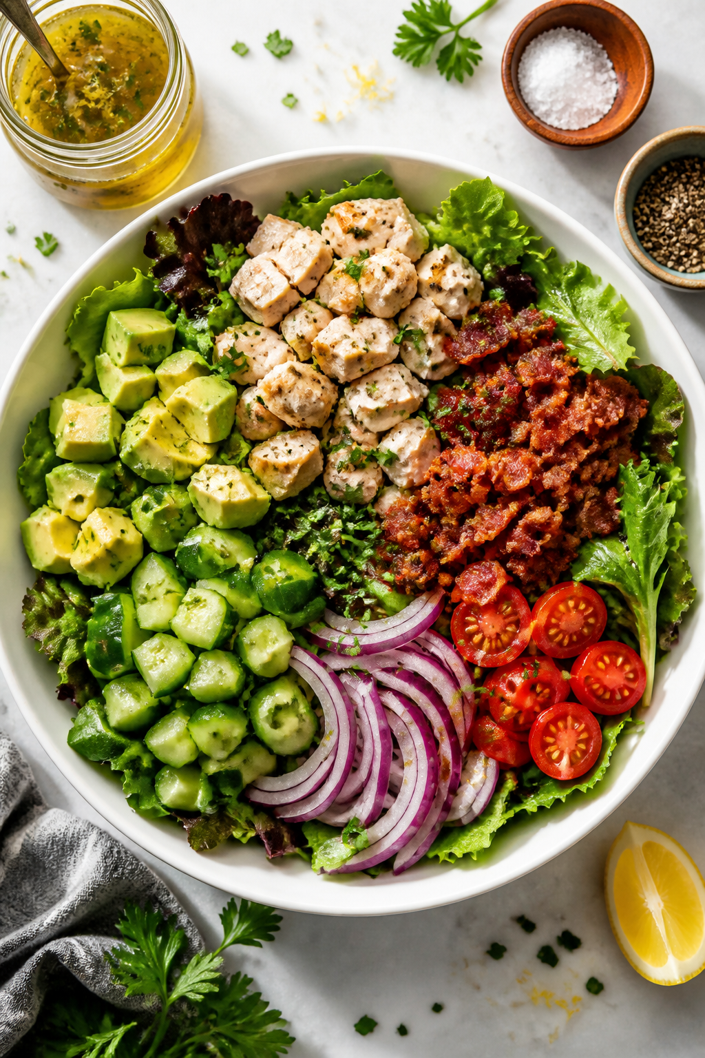 Tasty top view, overhead assembly shot: Overhead shot of the Healthy Chicken Bacon Avocado Salad in 