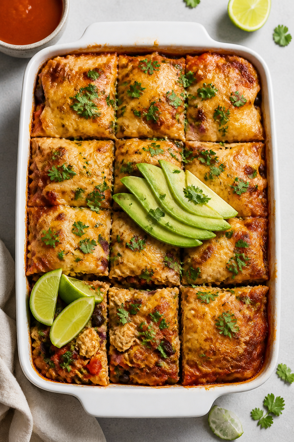 Tasty top view, overhead: Freshly baked High Protein Chicken Enchilada Bake just rested and garnishe