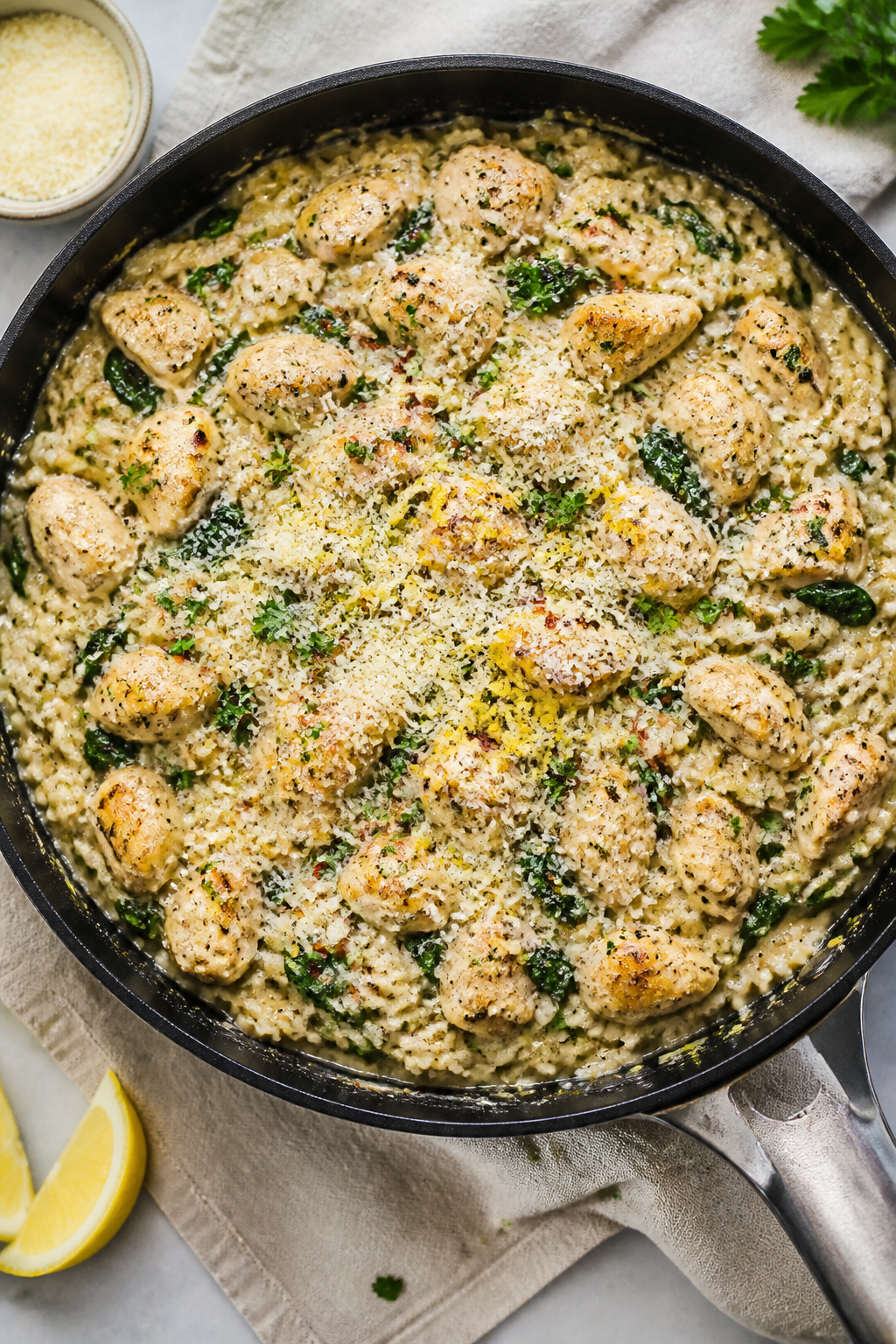 Tasty top view, overhead: Overhead shot of the finished Garlic Parmesan Chicken Rice Skillet, ultra-