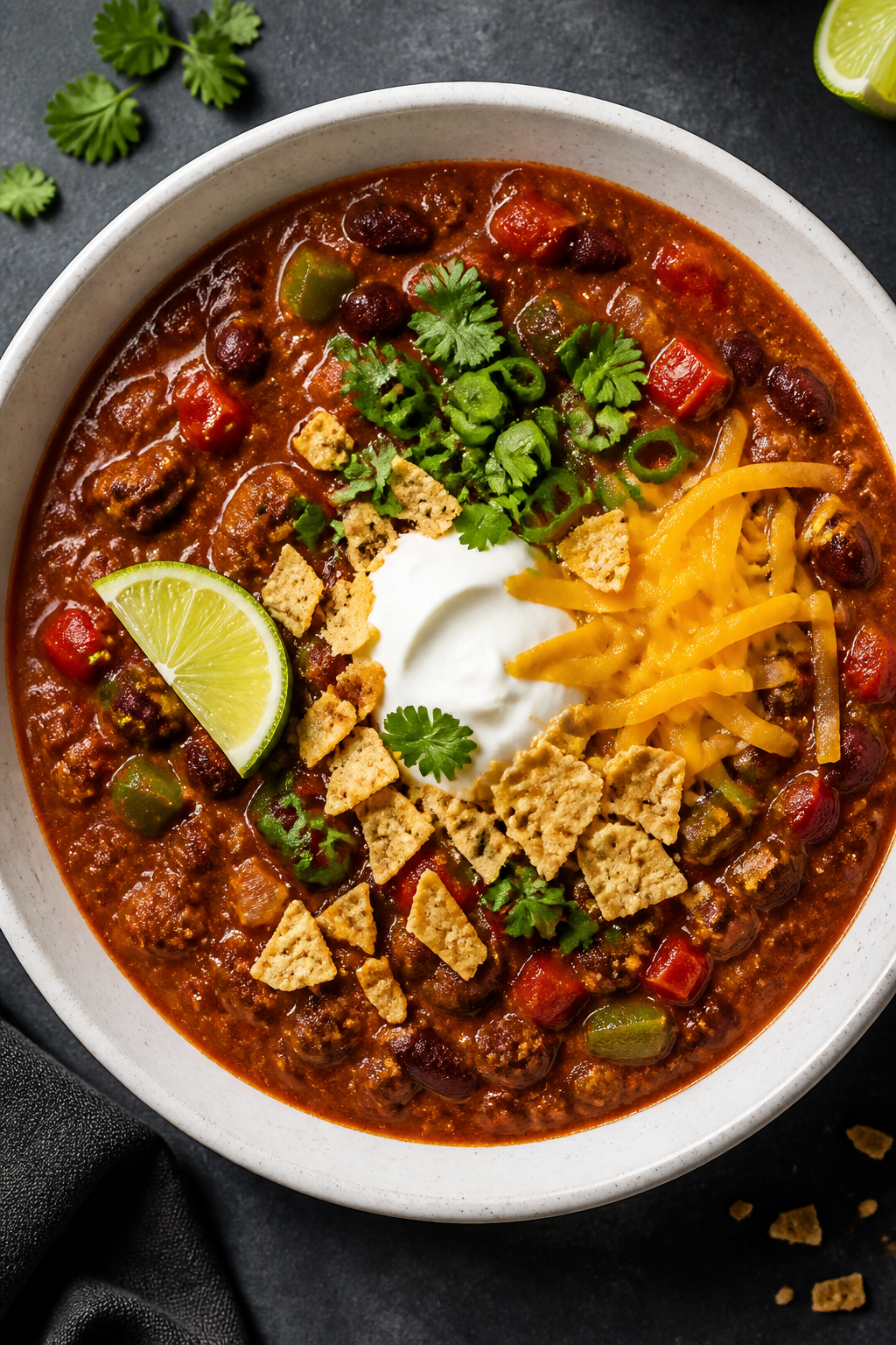 Tasty top view, overhead plating: Overhead shot of a hearty bowl of Easy Protein Chili in a wide whi