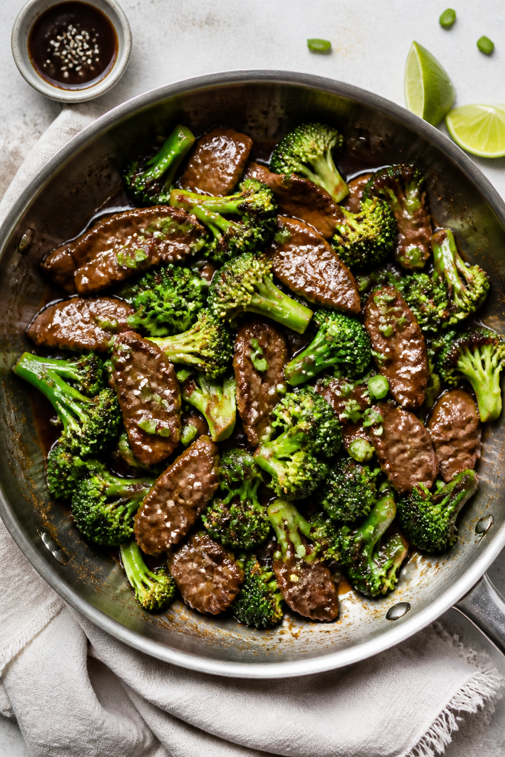 Tasty top view, overhead shot: High Protein Beef & Broccoli just finished in the pan—beef slices a