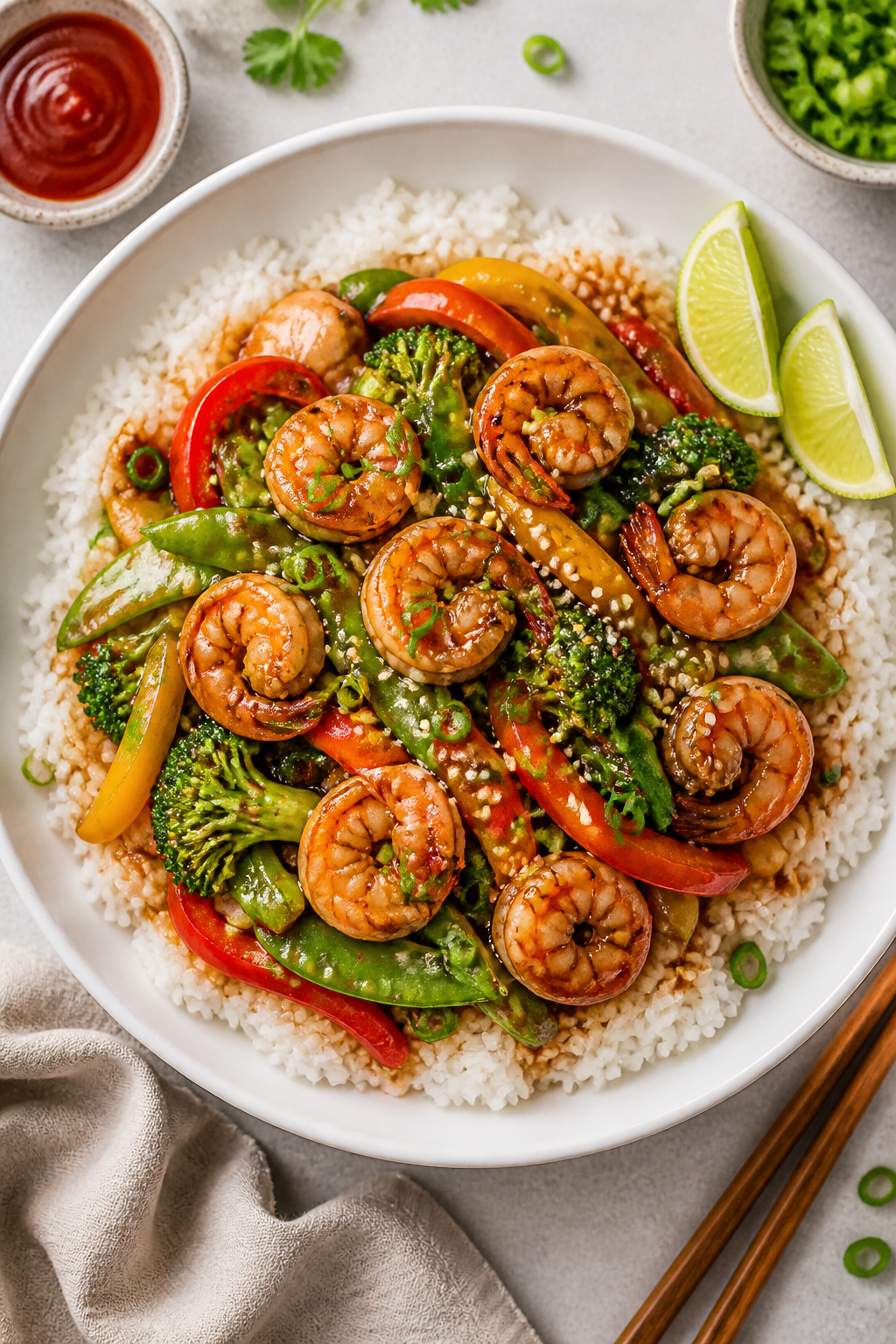 Tasty top view, overhead shot: High Protein Shrimp & Veggie Stir Fry spooned over fluffy jasmine ric