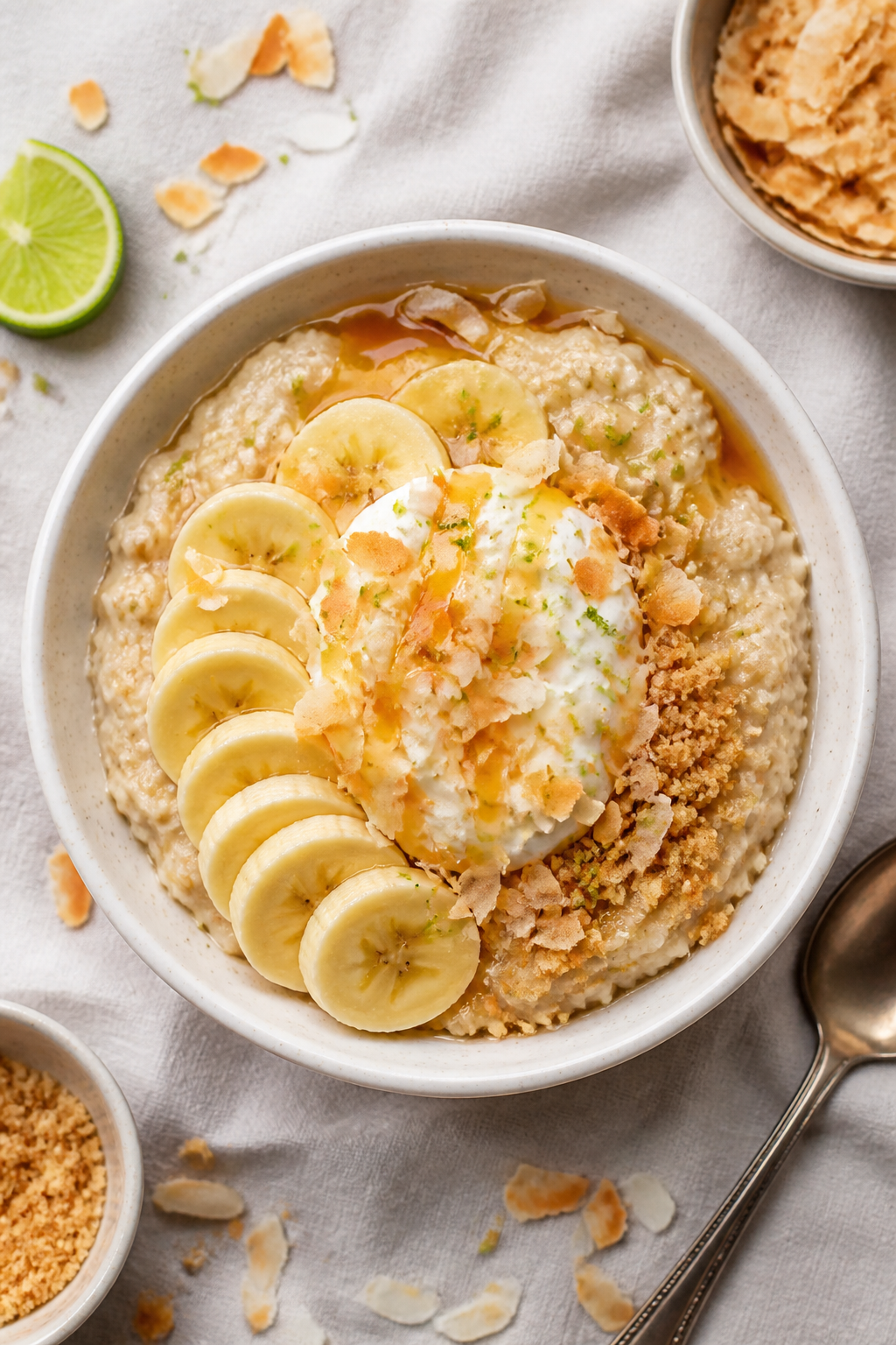 Tasty top view: Overhead shot of a breakfast bowl of coconut cream pie protein oatmeal styled like d