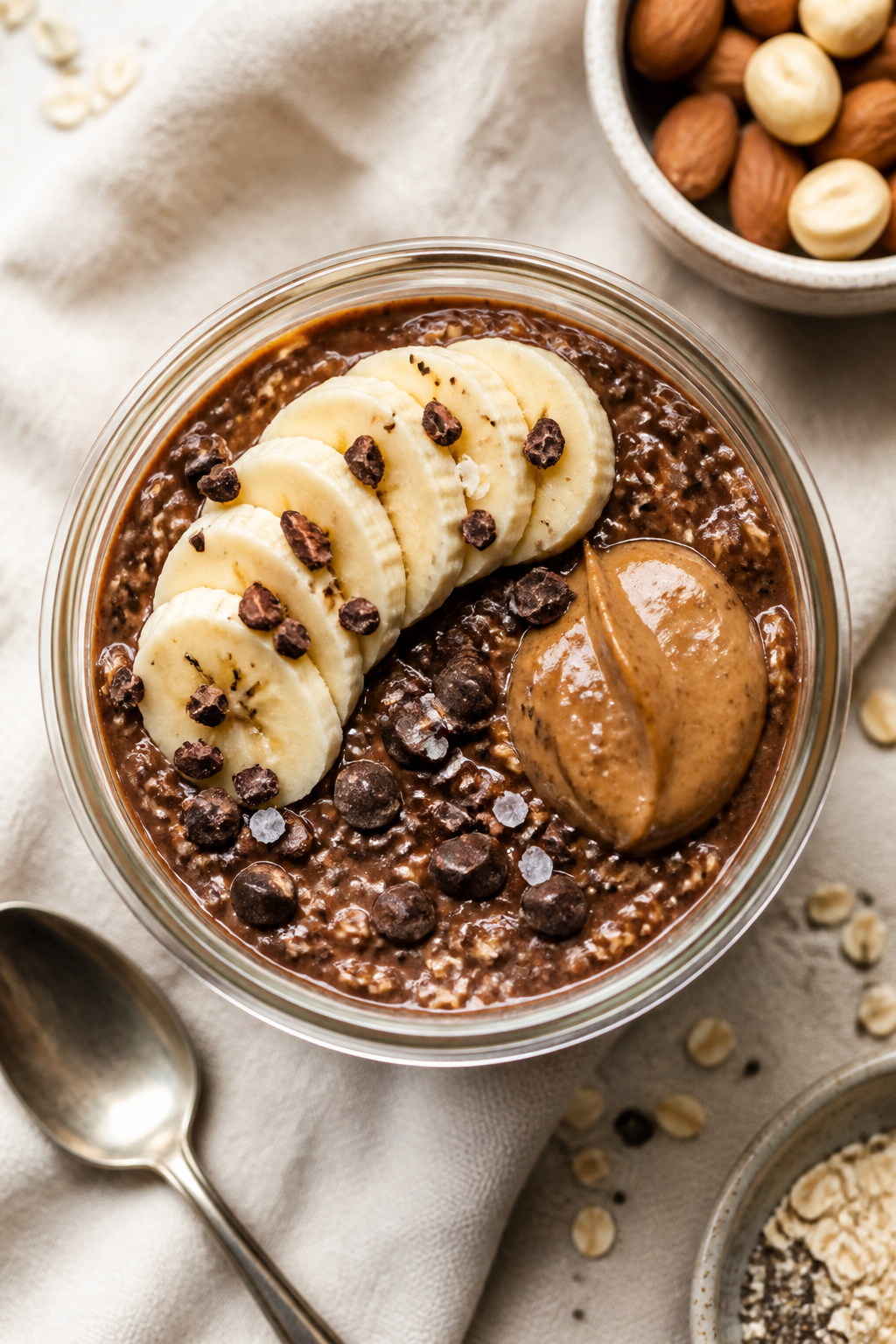 Tasty top view: Overhead shot of a chilled jar of chocolate banana overnight oats, topped with neatl