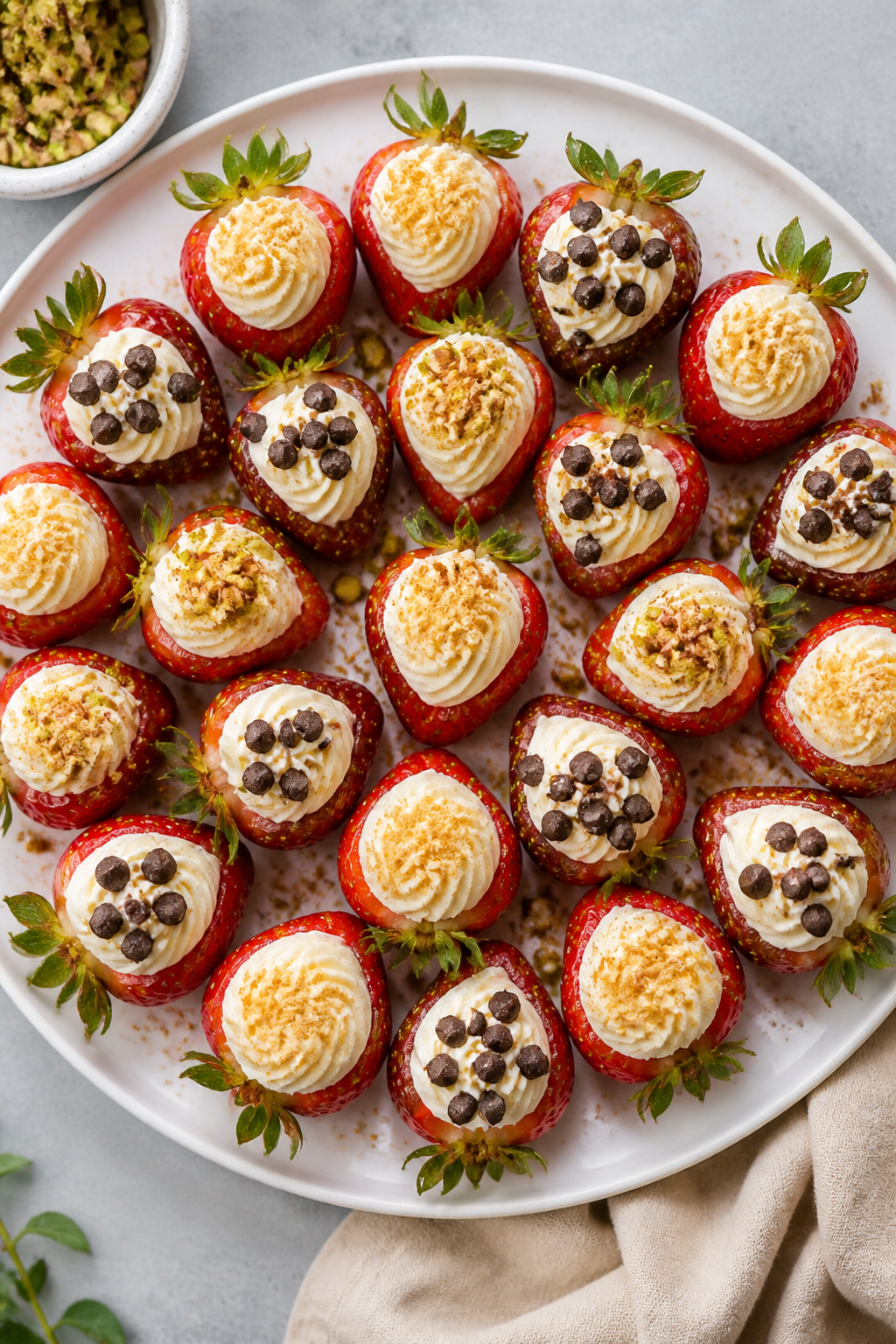 Tasty top view: Overhead shot of a chilled platter of cheesecake stuffed strawberries arranged in a 