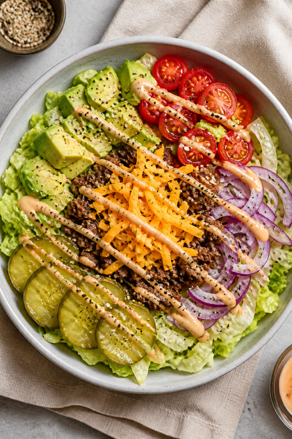 Tasty top view: Overhead shot of a composed cheeseburger salad bowl—crisp romaine/iceberg mix topp