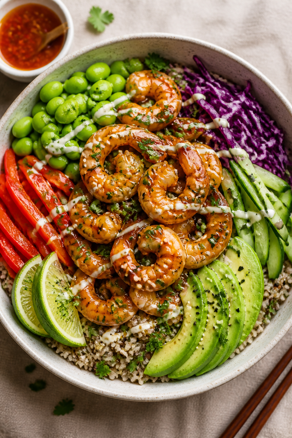 Tasty top view: Overhead shot of a Crispy Hot Honey Shrimp Protein Bowl beautifully assembled—base