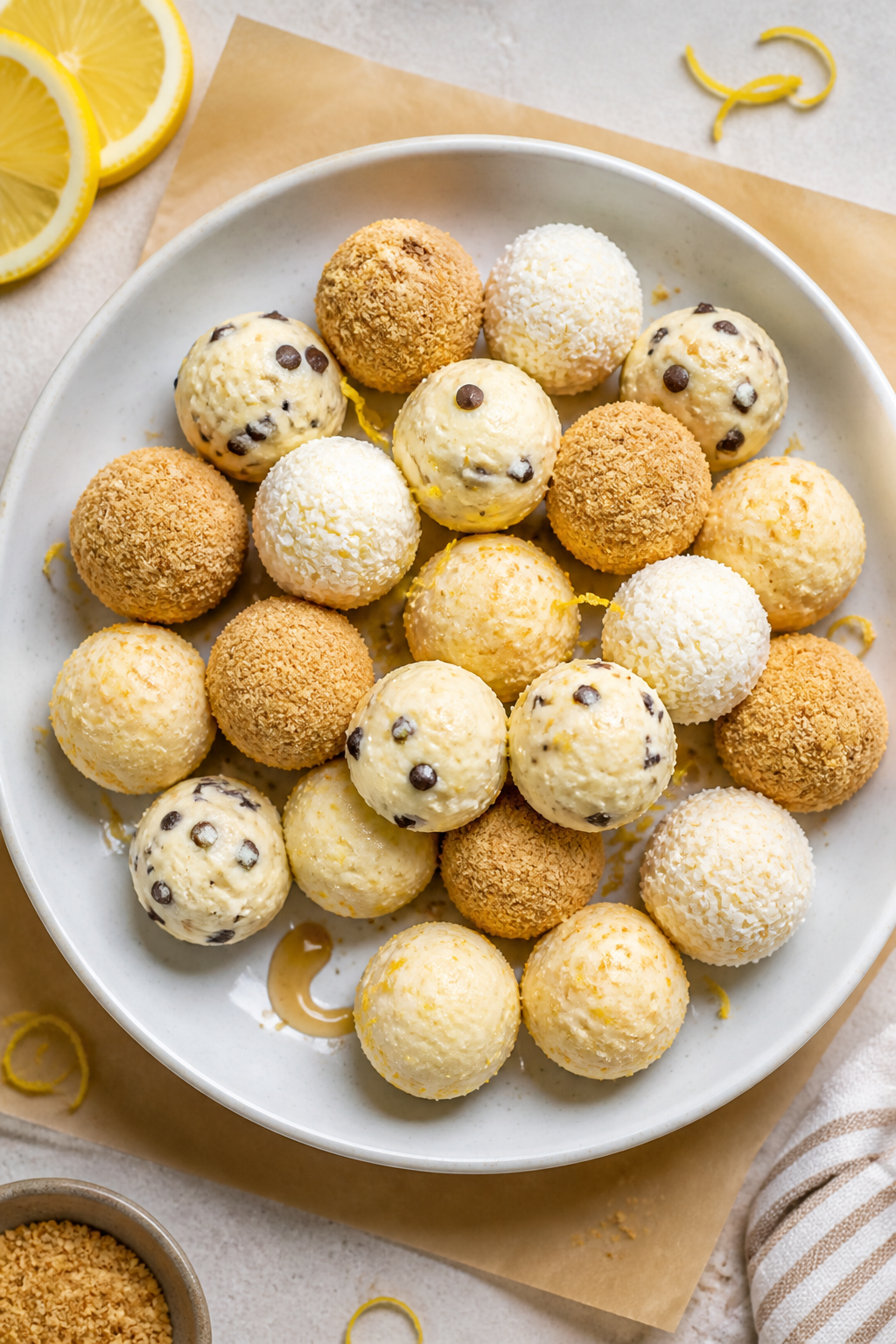 Tasty top view: Overhead shot of a finished assortment of cheesecake protein balls arranged in a sha