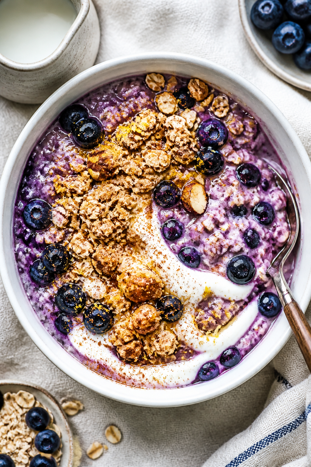 Tasty top view: Overhead shot of a finished bowl of Blueberry Cobbler Protein Oatmeal, vividly purpl