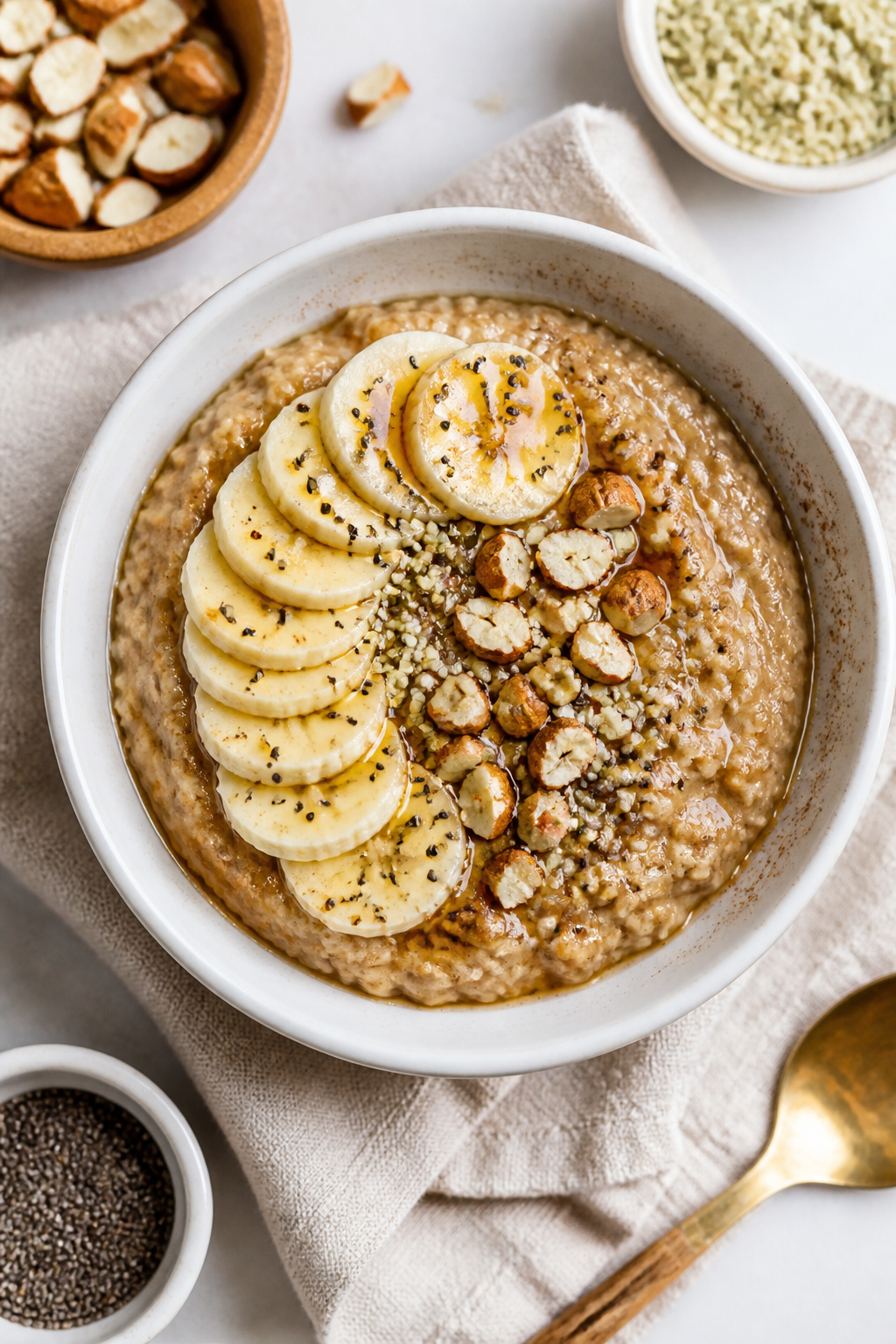 Tasty top view: Overhead shot of a finished bowl of Almond Butter Protein Oatmeal topped with fanned