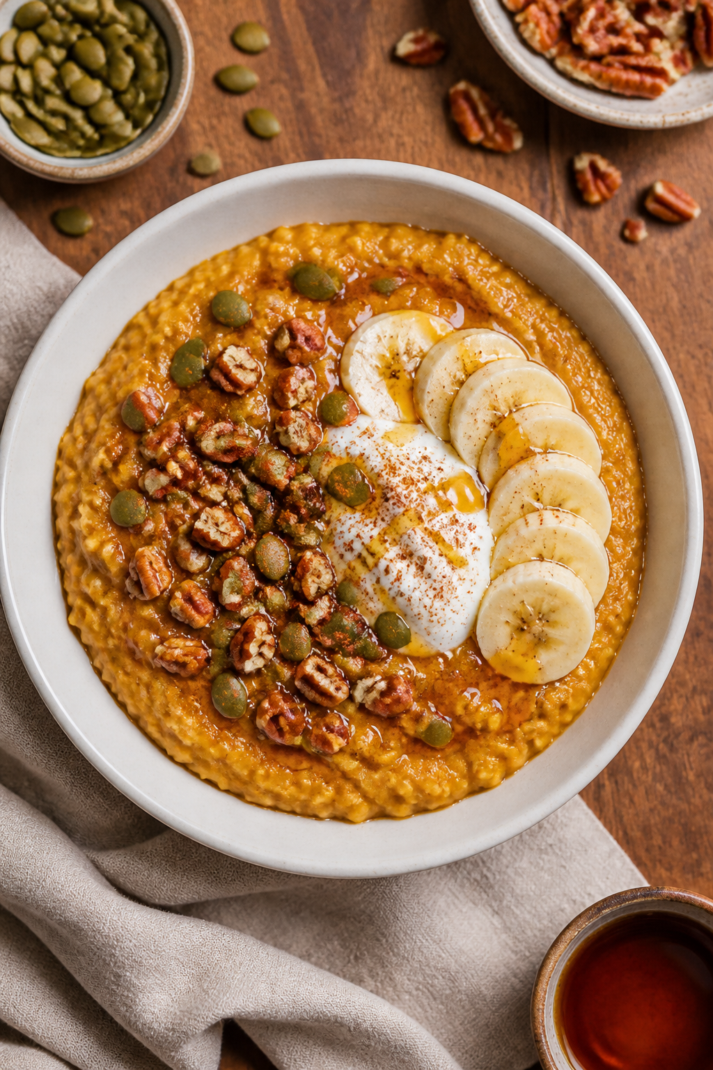Tasty top view: Overhead shot of a finished bowl of Pumpkin Spice Protein Oatmeal, thick and creamy