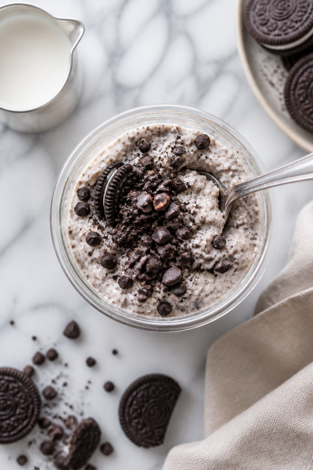 Tasty top view: Overhead shot of a finished serving in a 12–16 oz glass jar, topped with a neat sp