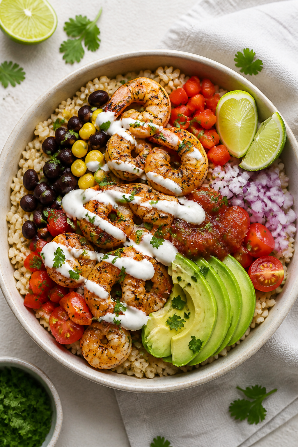 Tasty top view: Overhead shot of a fully assembled shrimp burrito bowl—warm brown rice base, gener